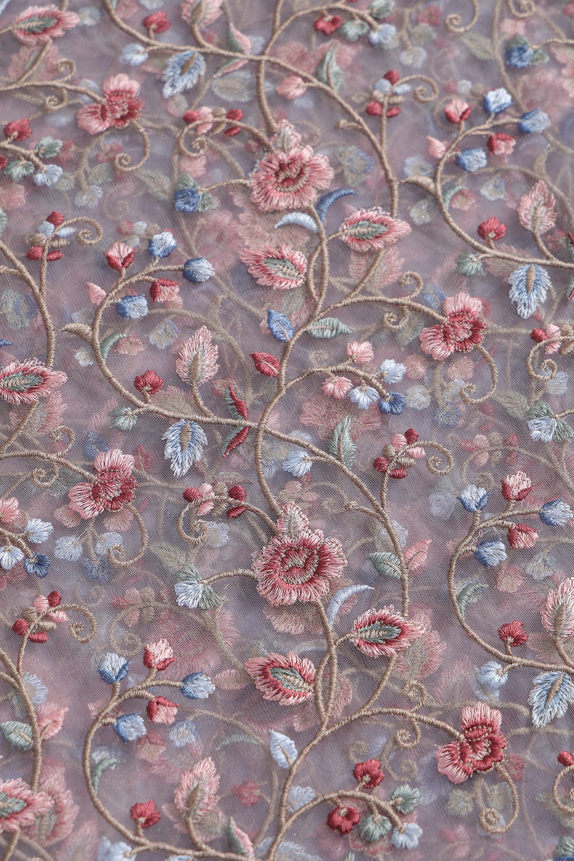 Multi Colour Floral Thread Embroidery Work On Lavender Soft Net Fabric