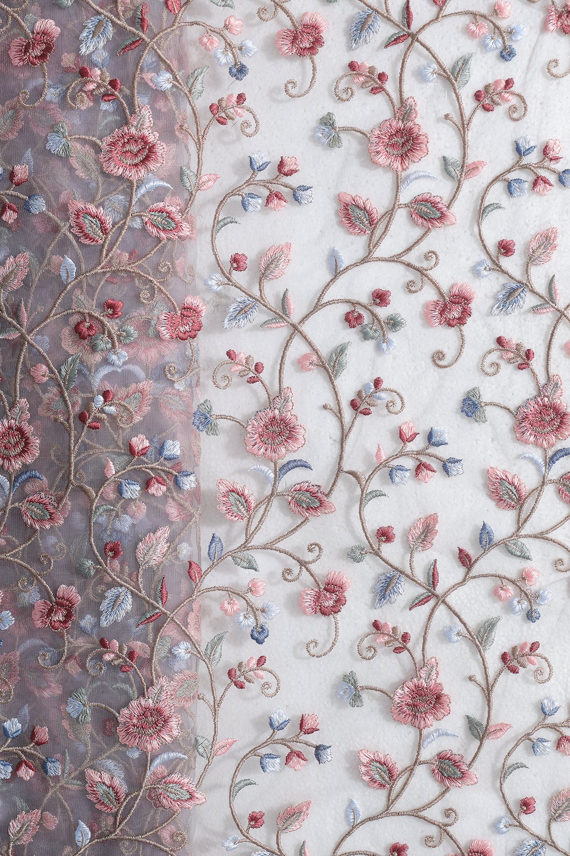 Multi Colour Floral Thread Embroidery Work On Lavender Soft Net Fabric