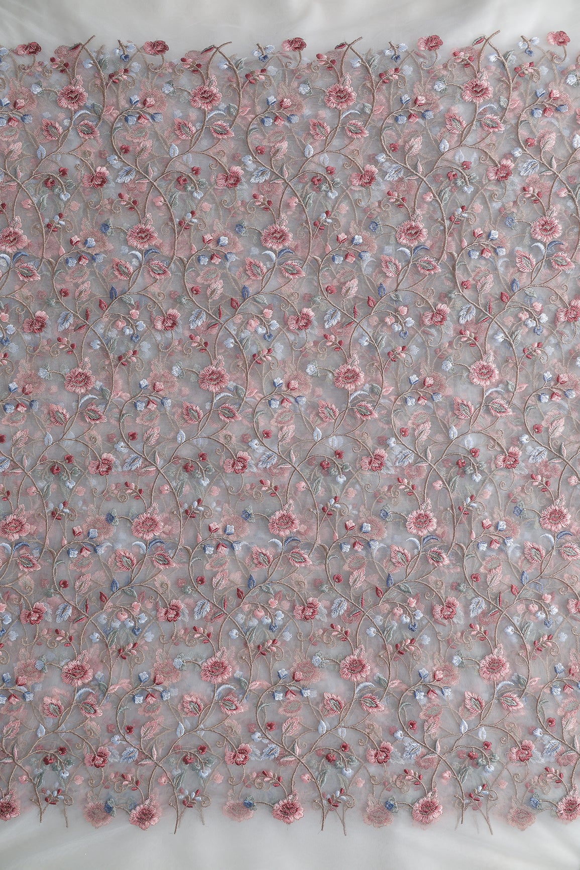 Multi Colour Floral Thread Embroidery Work On White Soft Net Fabric