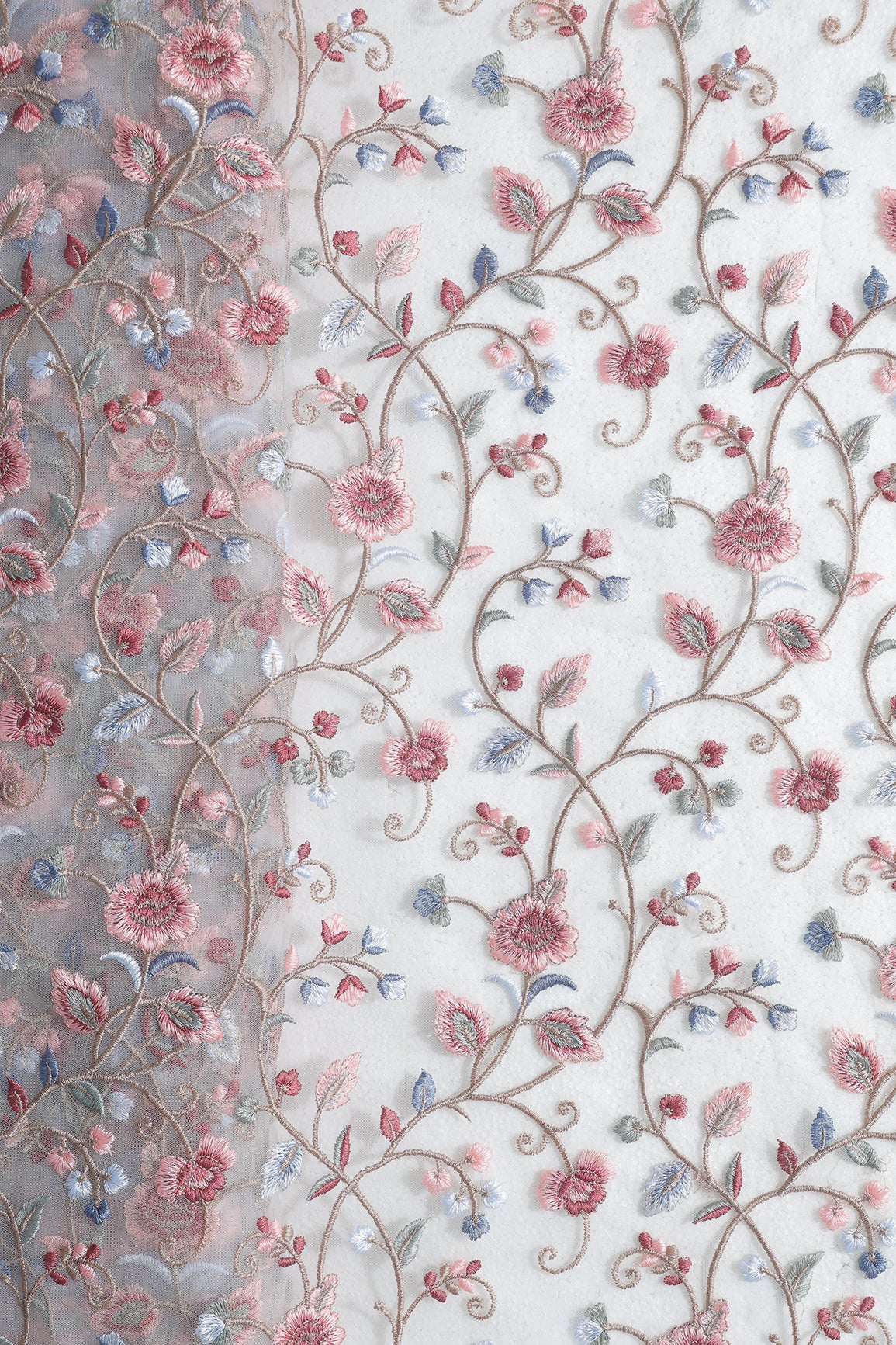 Multi Colour Floral Thread Embroidery Work On White Soft Net Fabric