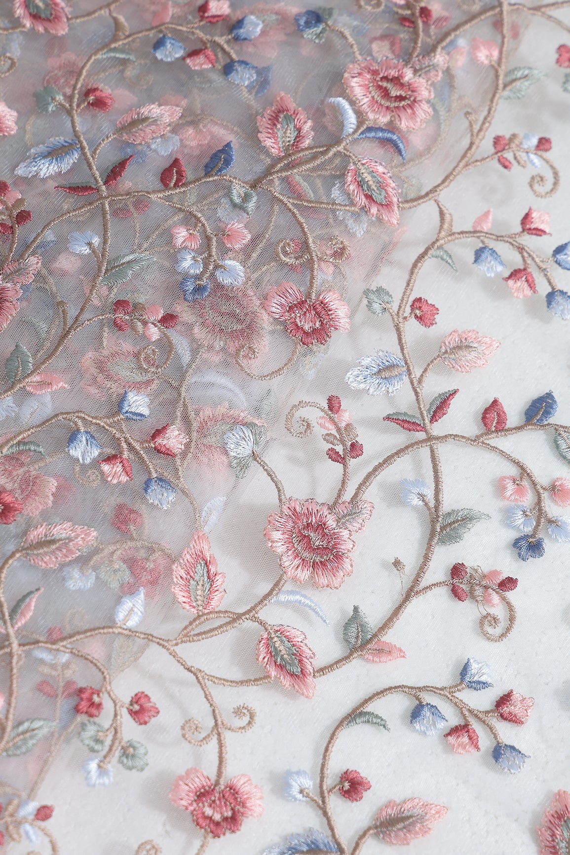Multi Colour Floral Thread Embroidery Work On White Soft Net Fabric