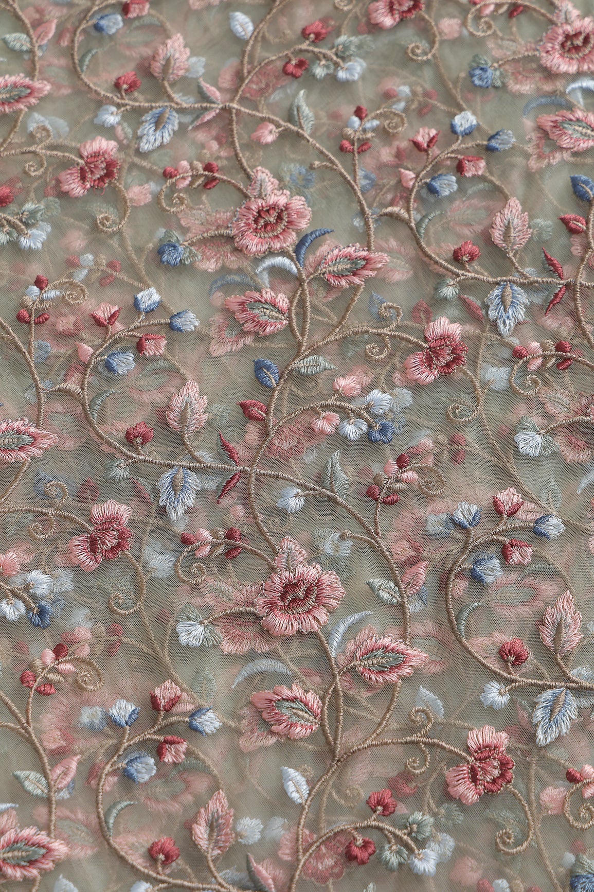 Multi Colour Floral Thread Embroidery Work On Olive Soft Net Fabric