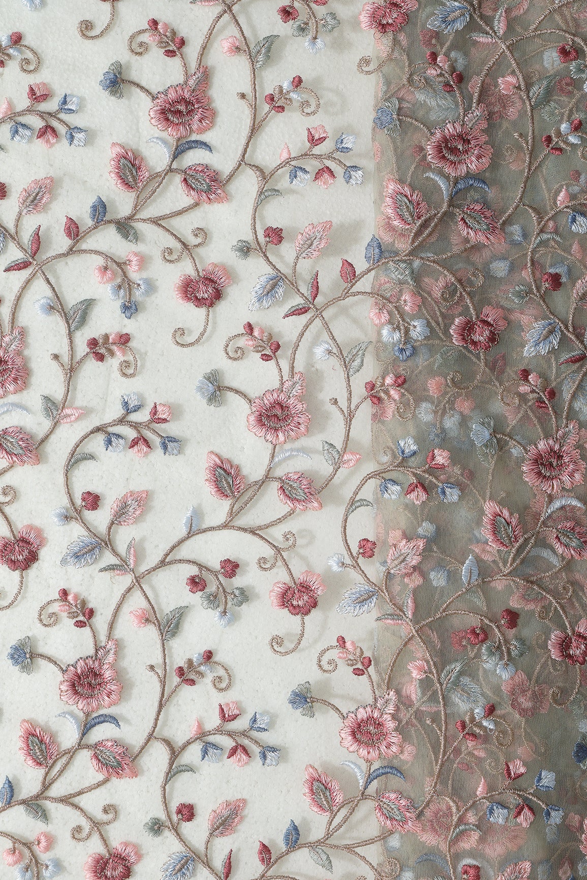 Multi Colour Floral Thread Embroidery Work On Olive Soft Net Fabric