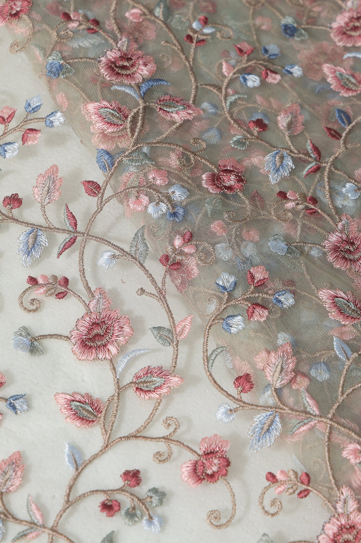 Multi Colour Floral Thread Embroidery Work On Olive Soft Net Fabric