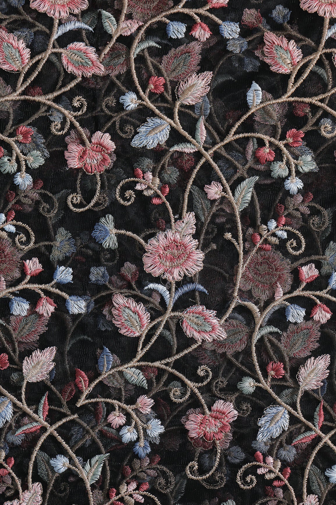 Multi Colour Floral Thread Embroidery Work On Black Soft Net Fabric