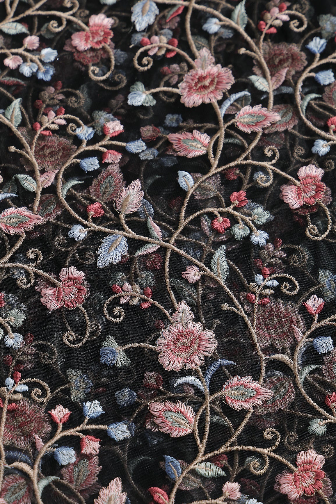 Multi Colour Floral Thread Embroidery Work On Black Soft Net Fabric