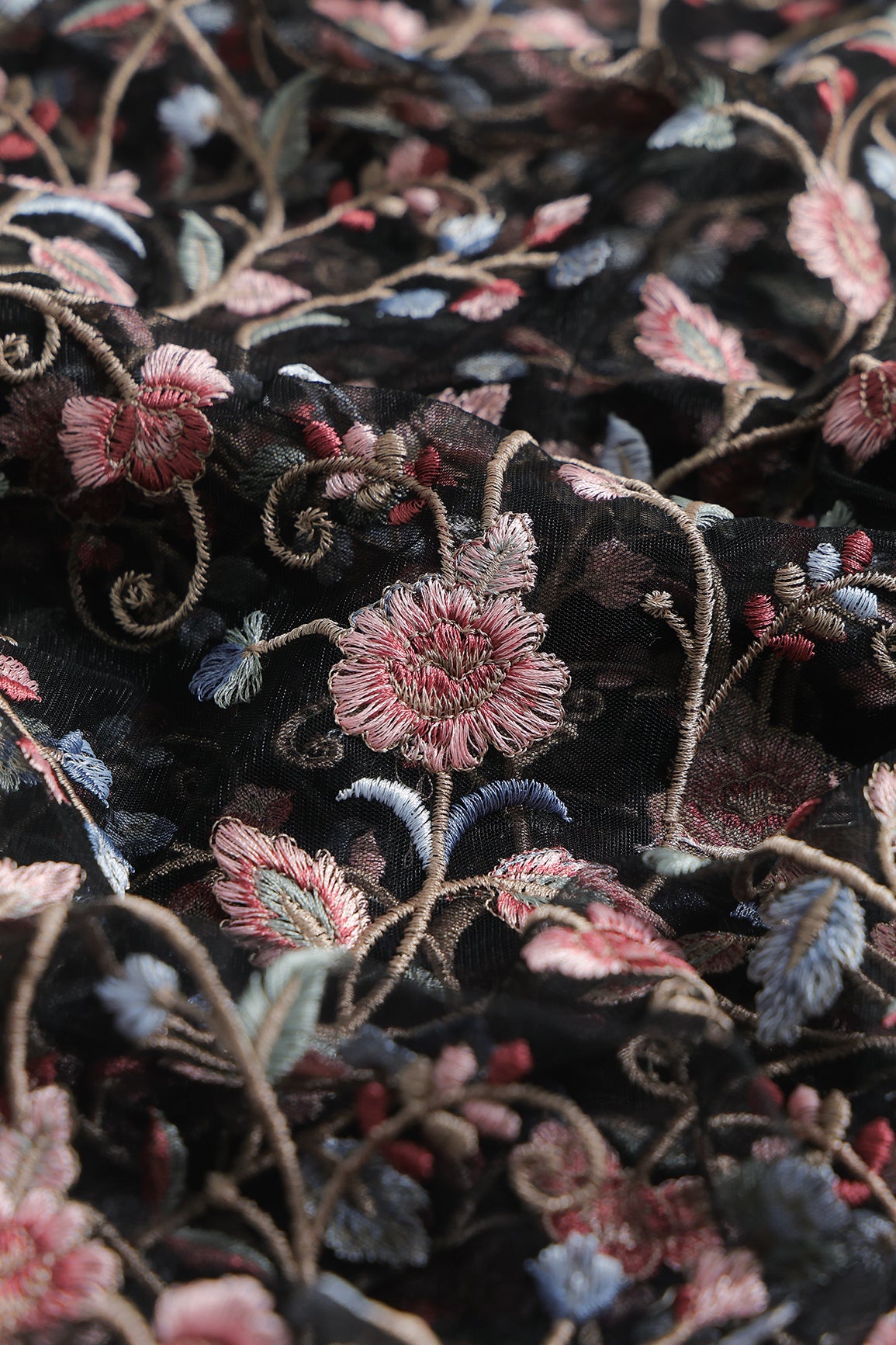 Multi Colour Floral Thread Embroidery Work On Black Soft Net Fabric