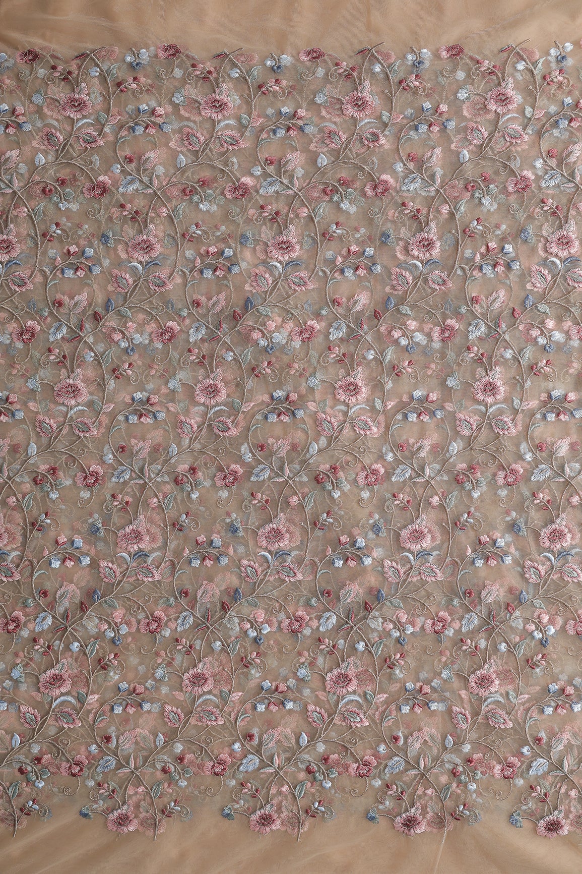 Multi Colour Floral Thread Embroidery Work On Beige Soft Net Fabric