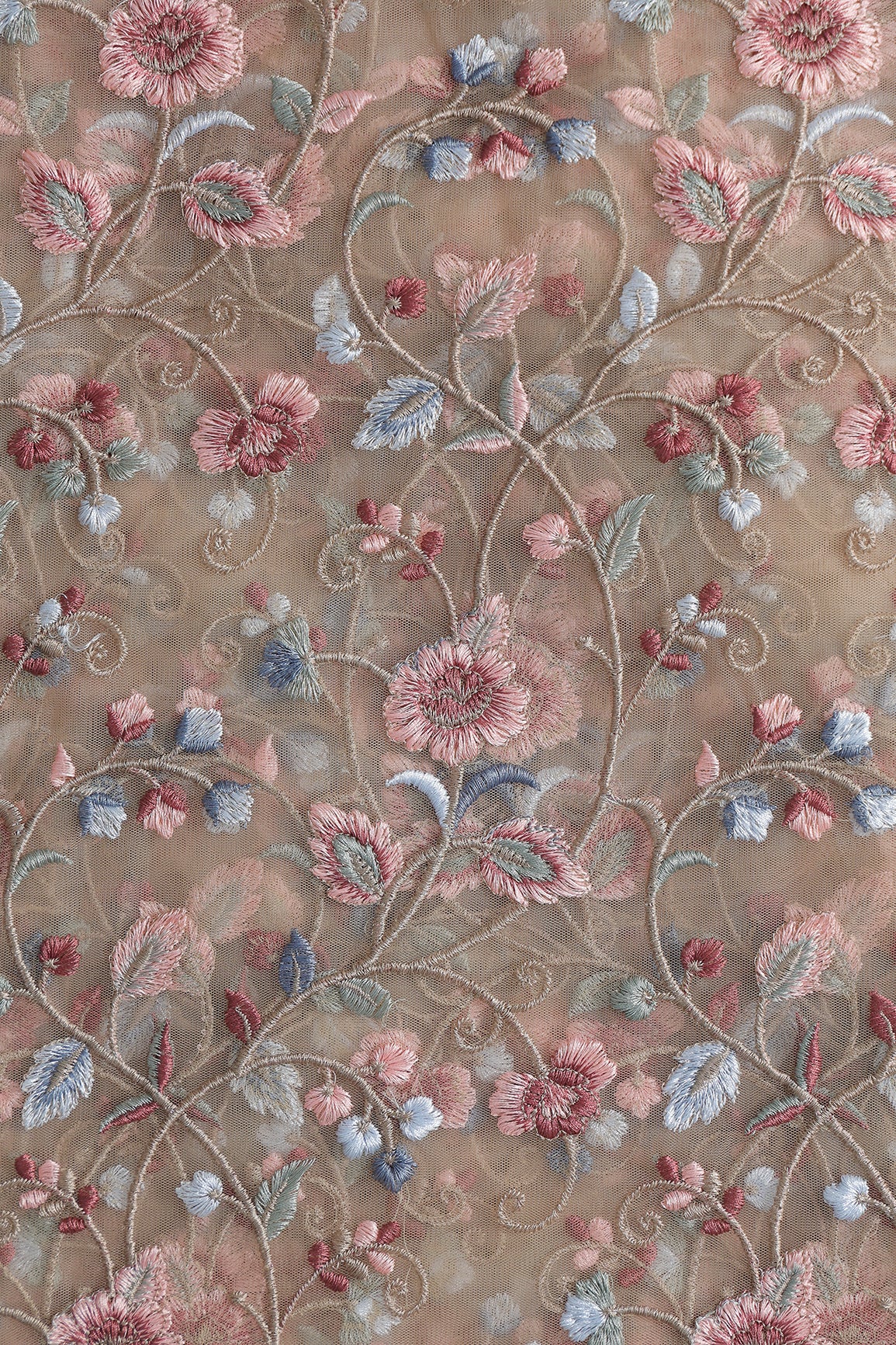 Multi Colour Floral Thread Embroidery Work On Beige Soft Net Fabric