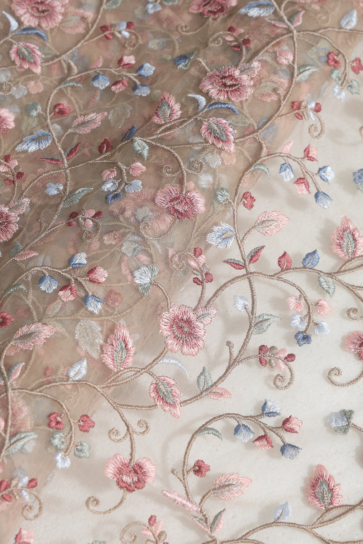 Multi Colour Floral Thread Embroidery Work On Beige Soft Net Fabric
