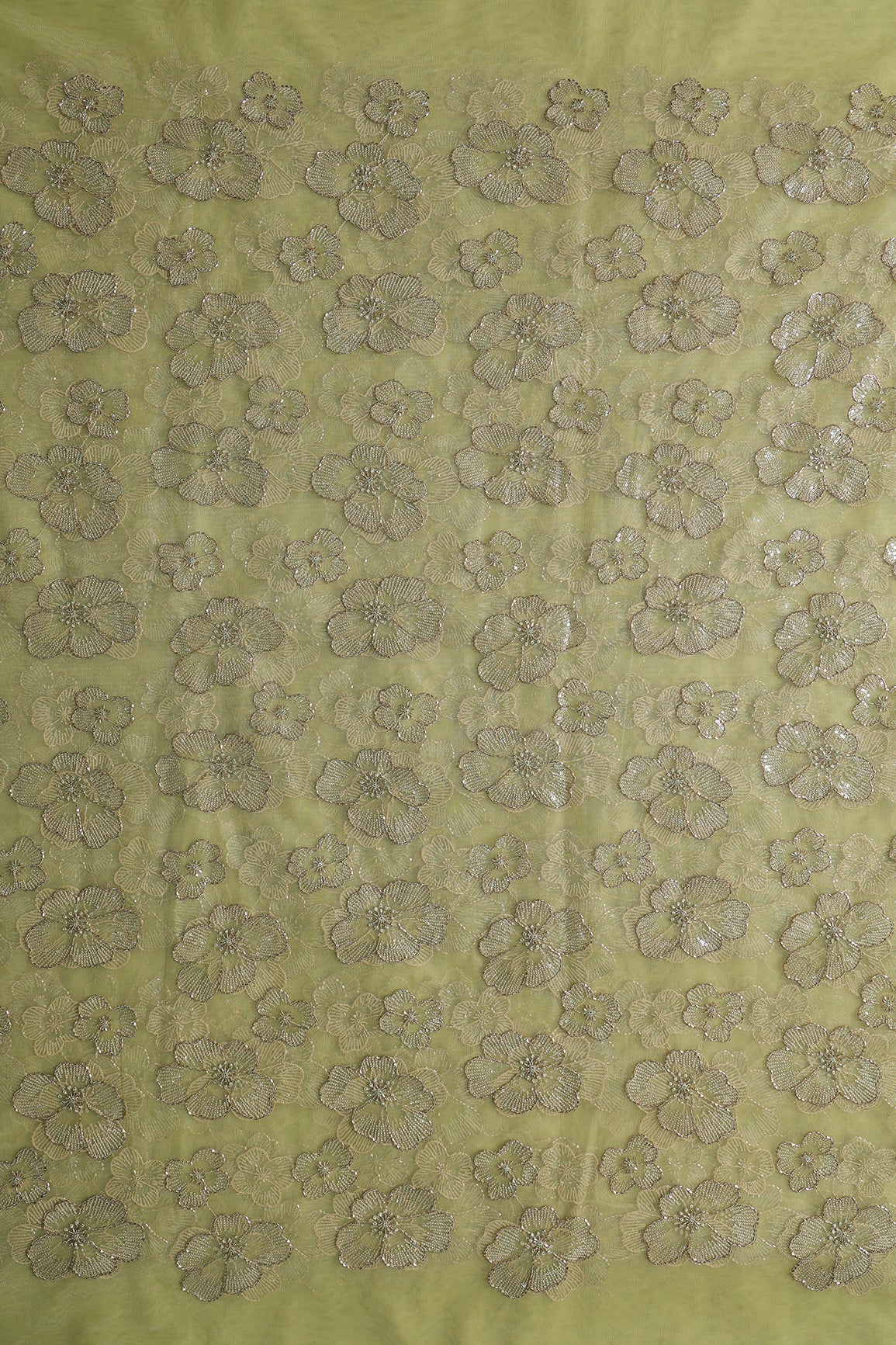 Floral Water Sequins Tone To Tone Embroidery On Olive Green Soft Net Fabric