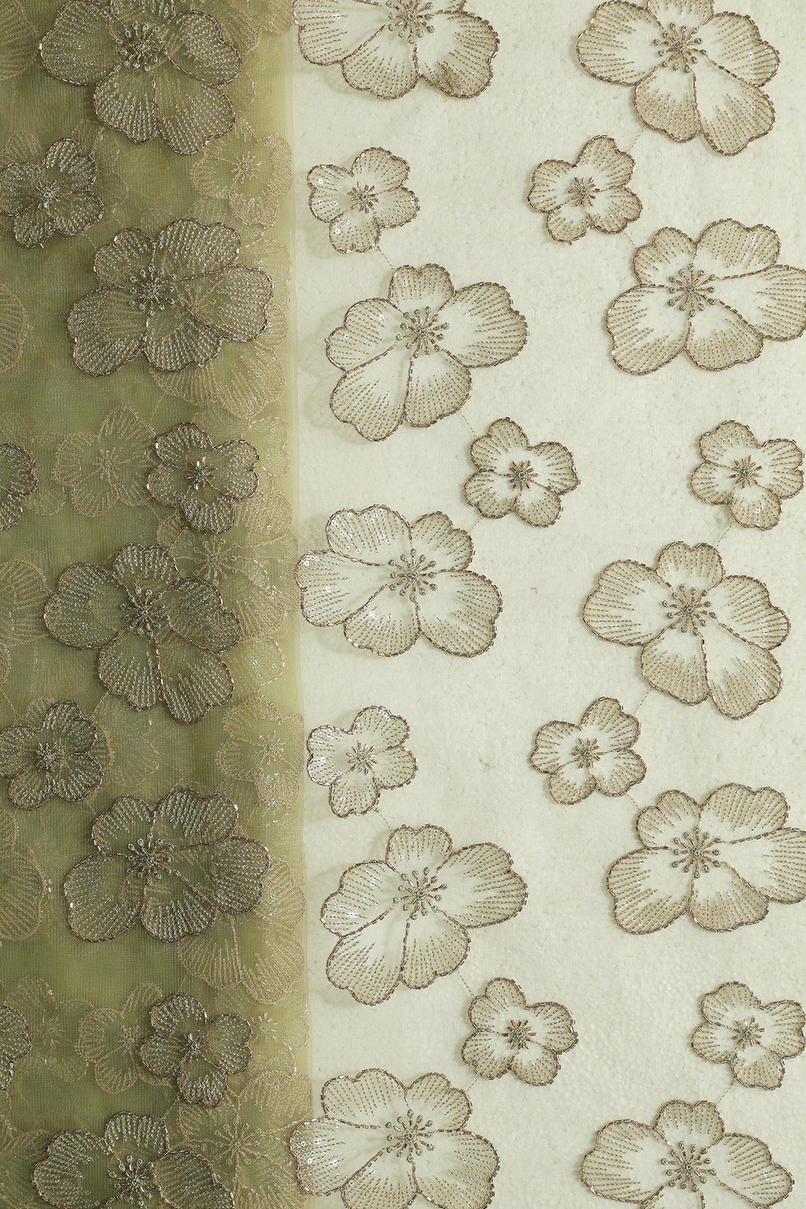 Floral Water Sequins Tone To Tone Embroidery On Olive Green Soft Net Fabric