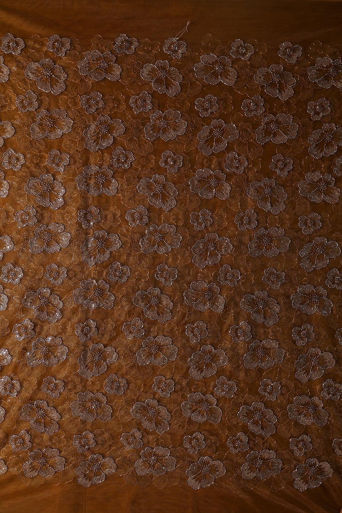 Floral Water Sequins Tone To Tone Embroidery On Brown Soft Net Fabric