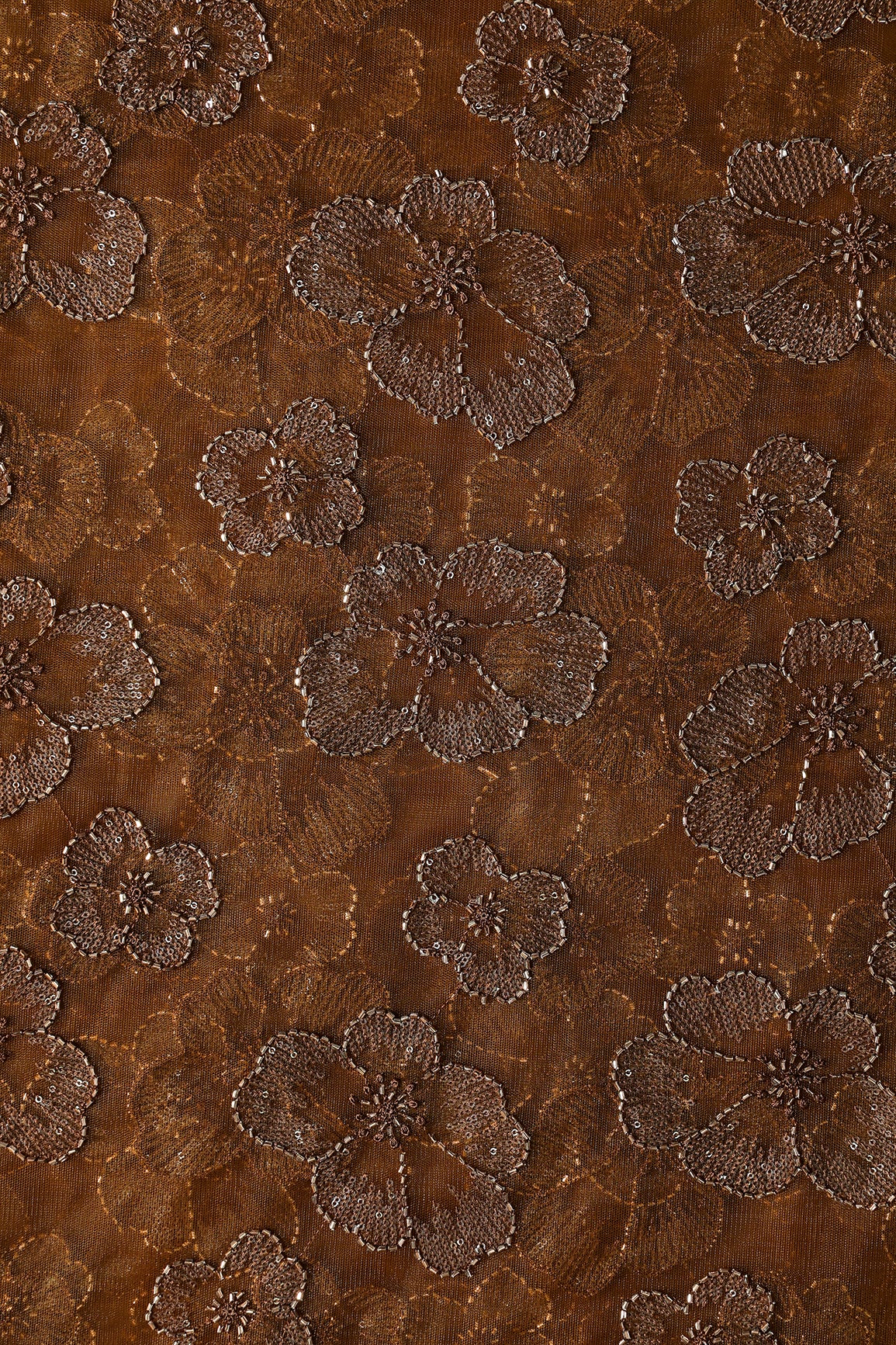 Floral Water Sequins Tone To Tone Embroidery On Brown Soft Net Fabric