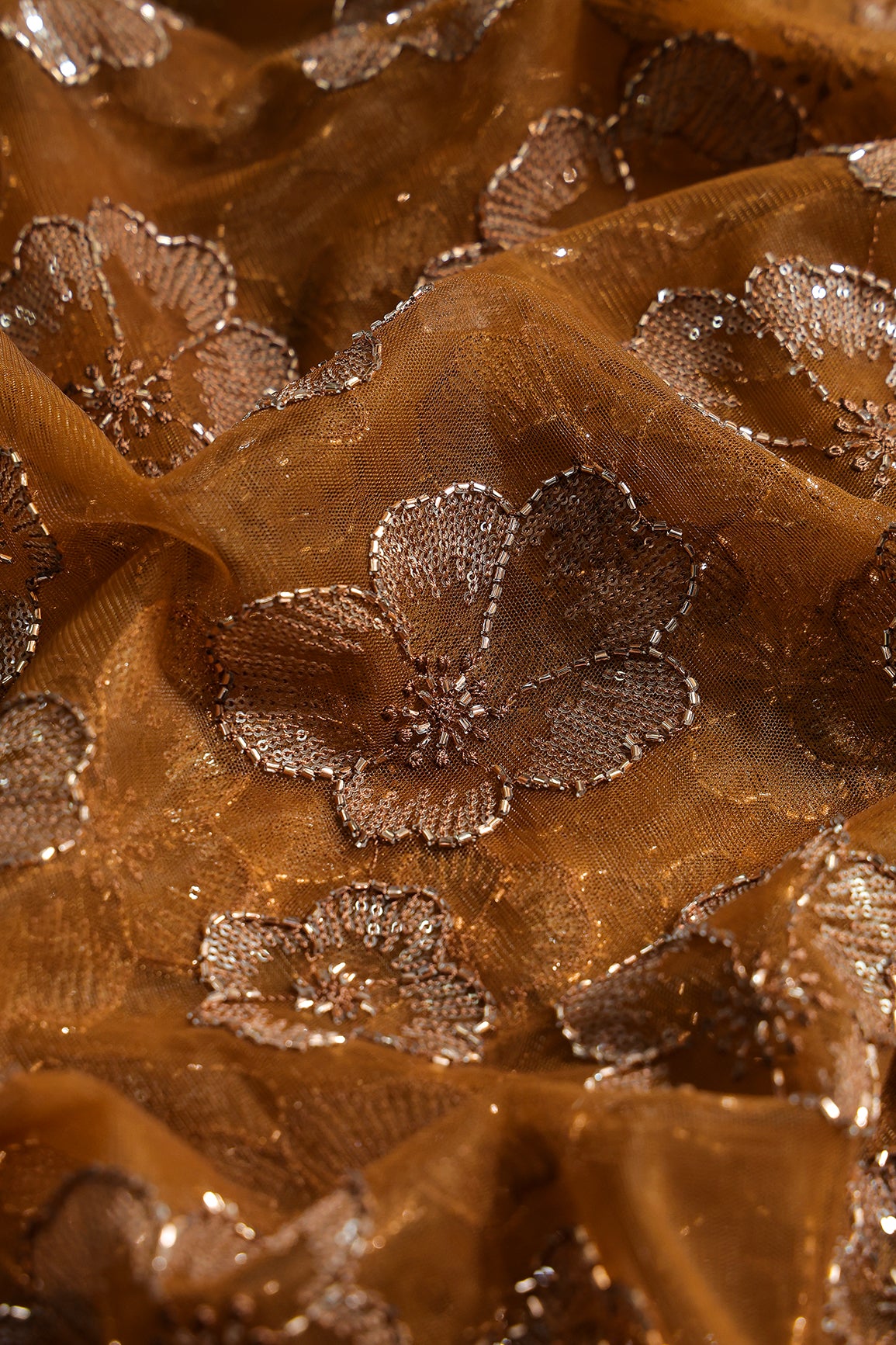Floral Water Sequins Tone To Tone Embroidery On Brown Soft Net Fabric