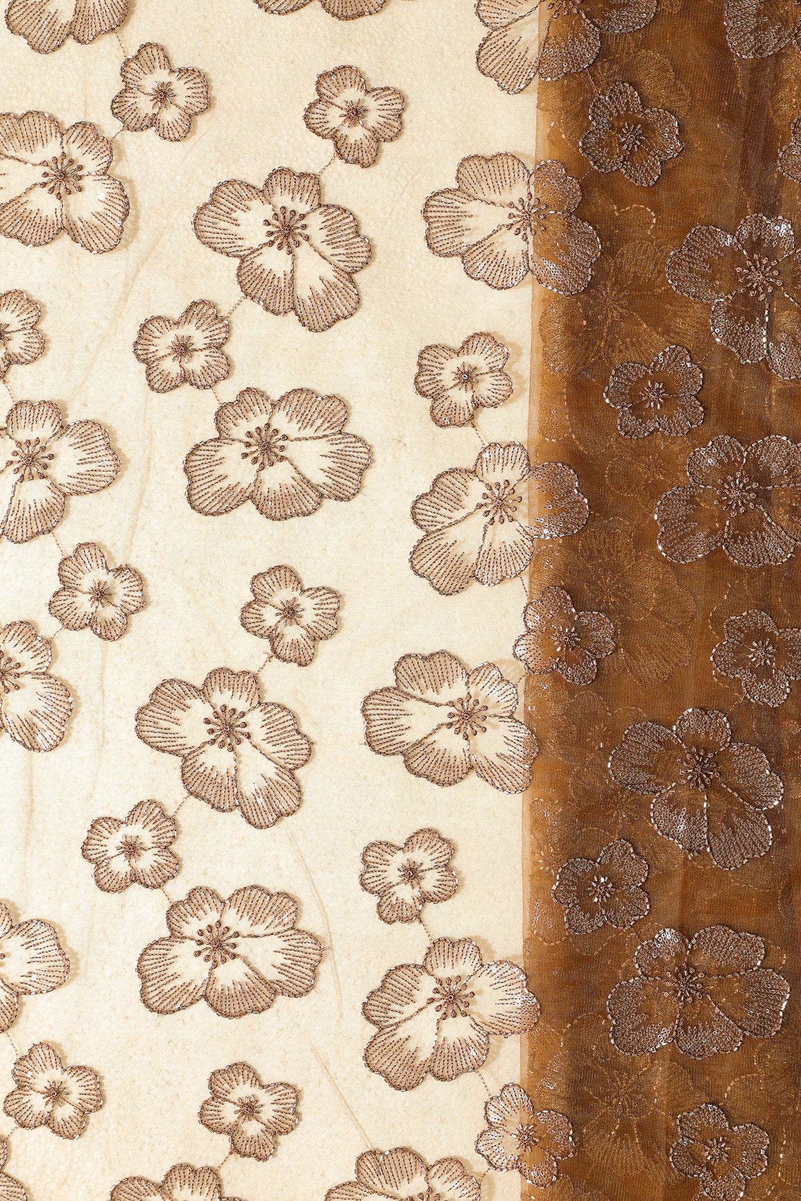 Floral Water Sequins Tone To Tone Embroidery On Brown Soft Net Fabric