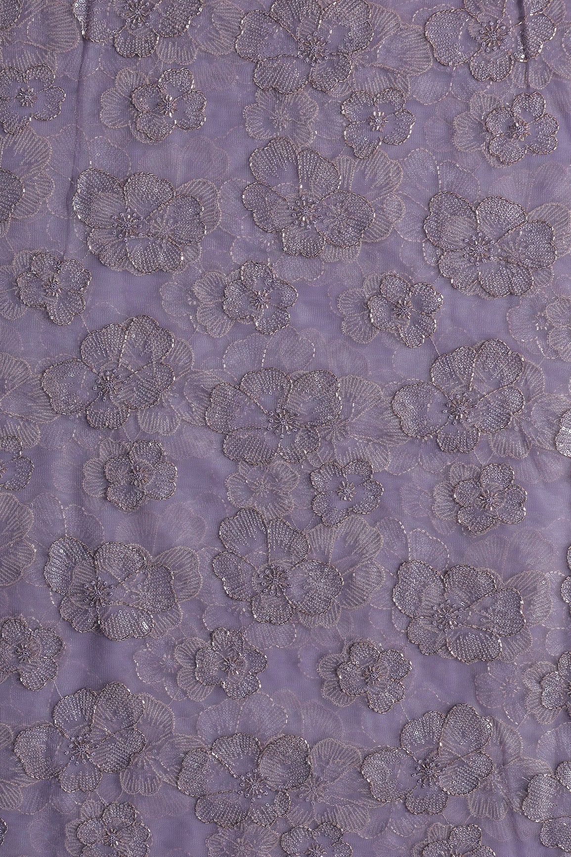 Floral Water Sequins Tone To Tone Embroidery On Lavender Soft Net Fabric