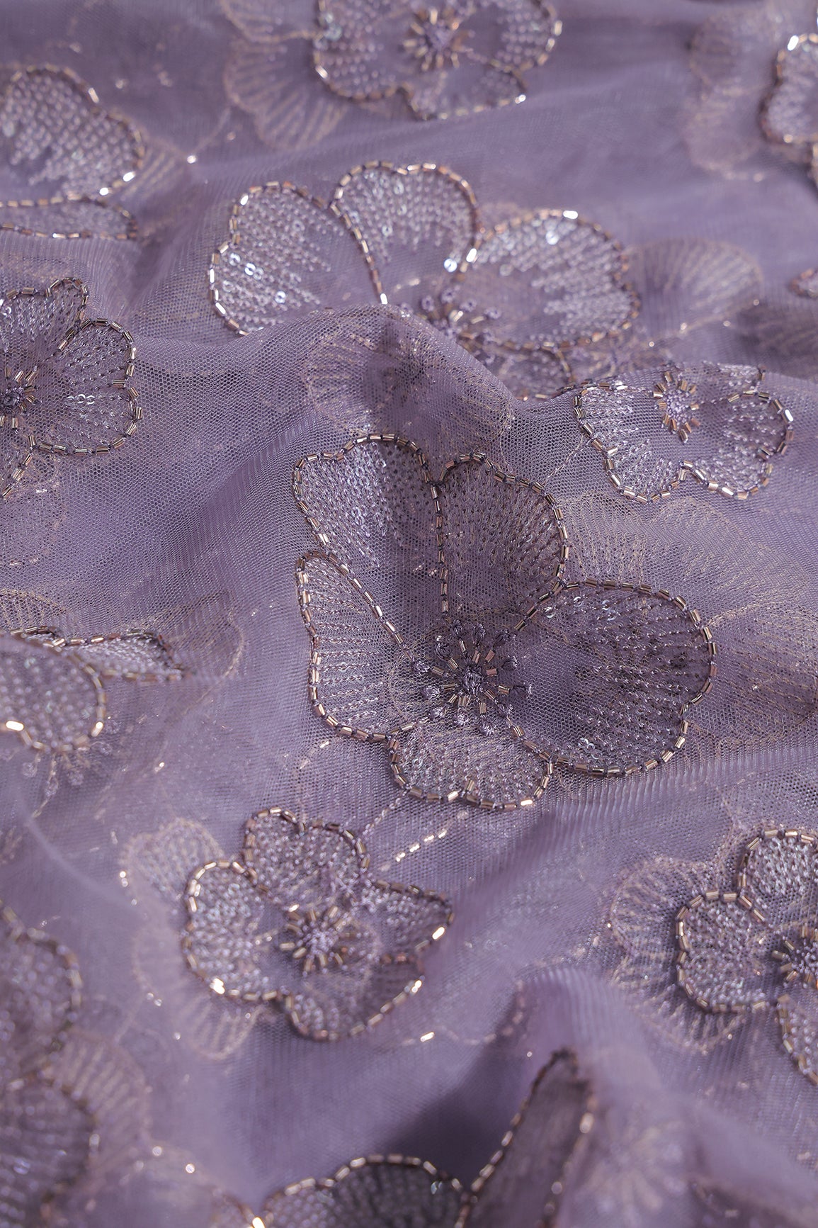 Floral Water Sequins Tone To Tone Embroidery On Lavender Soft Net Fabric