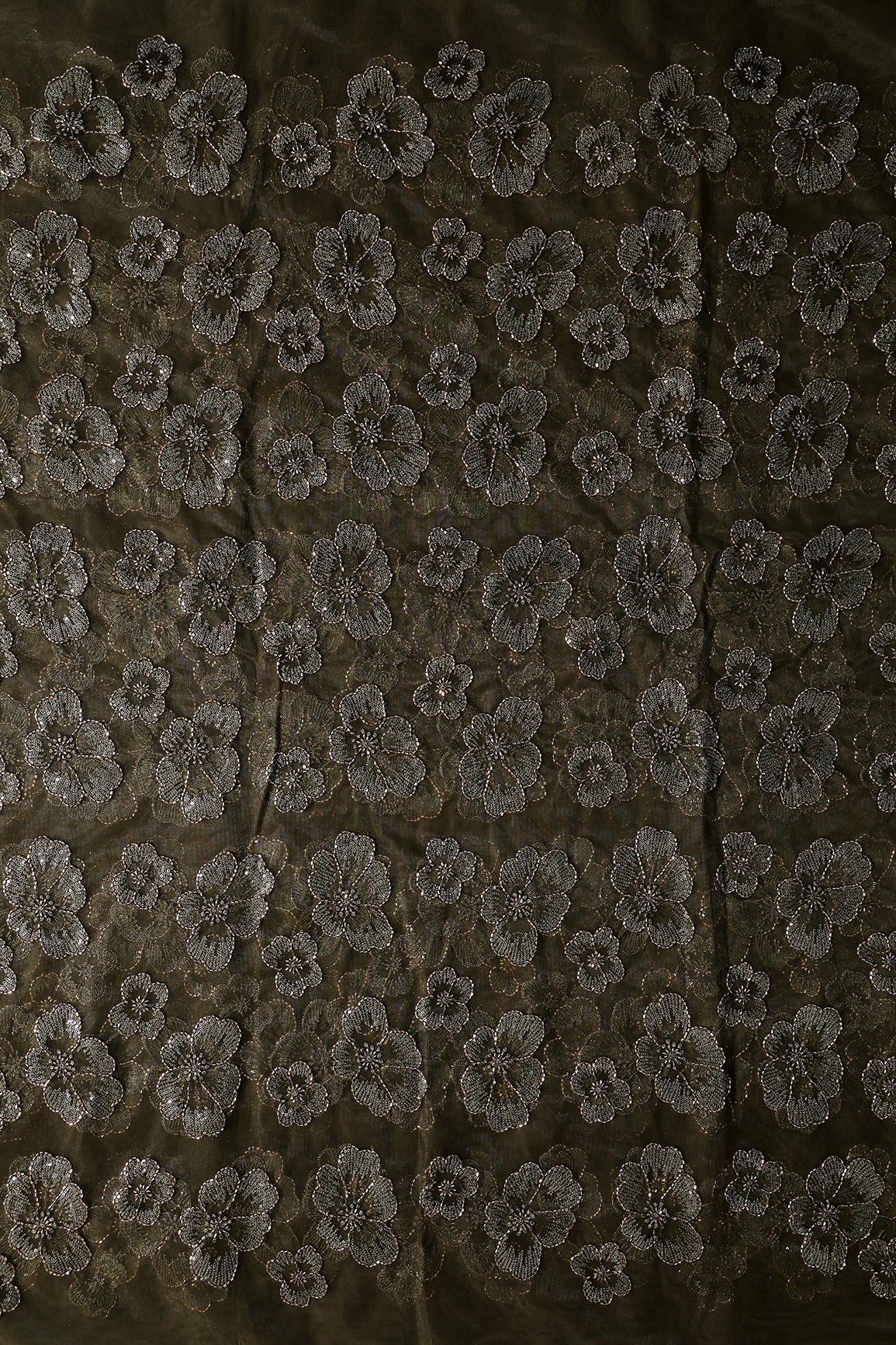 Floral Water Sequins Tone To Tone Embroidery On Mehndi Green Soft Net Fabric