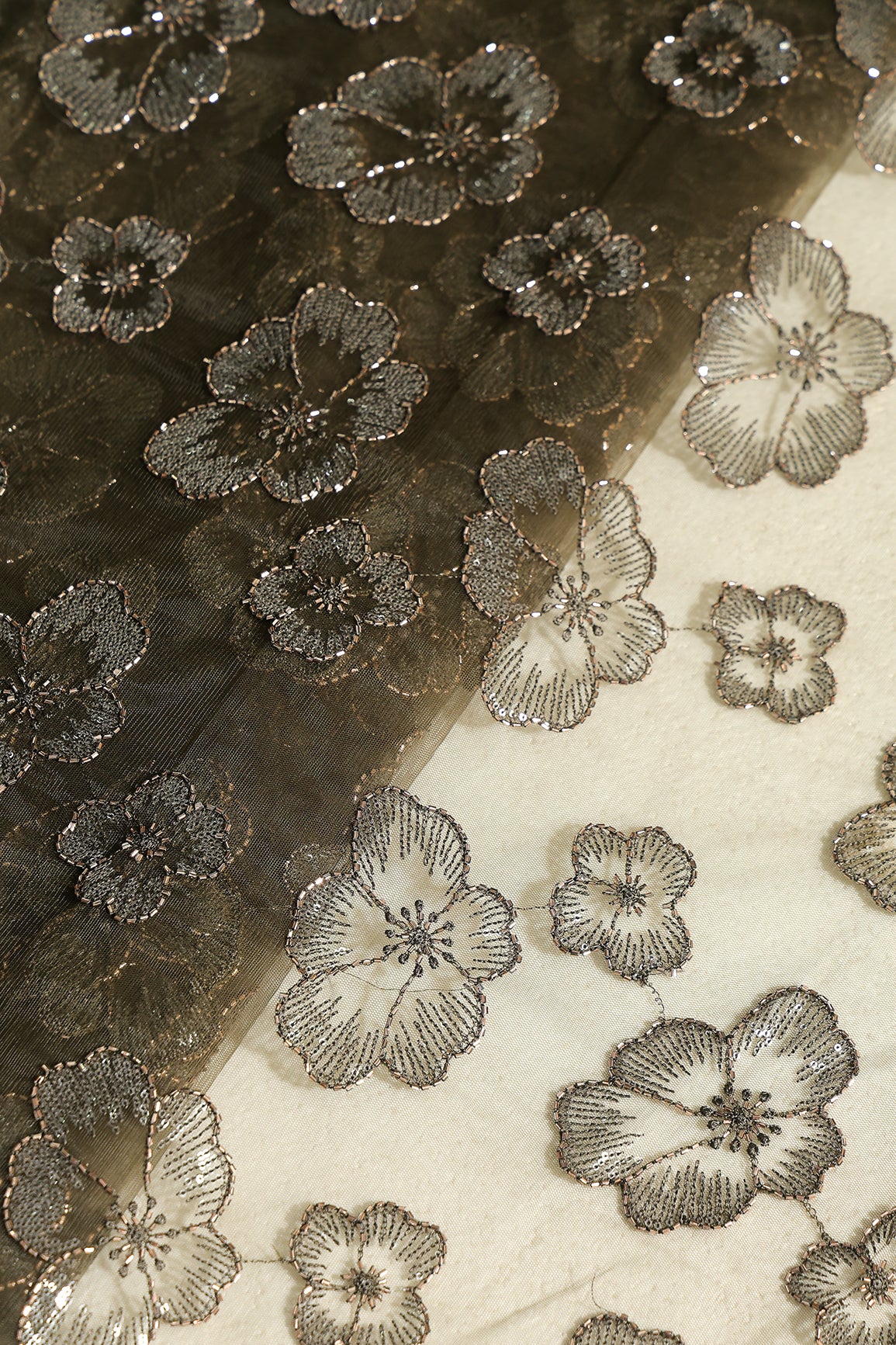 Floral Water Sequins Tone To Tone Embroidery On Mehndi Green Soft Net Fabric