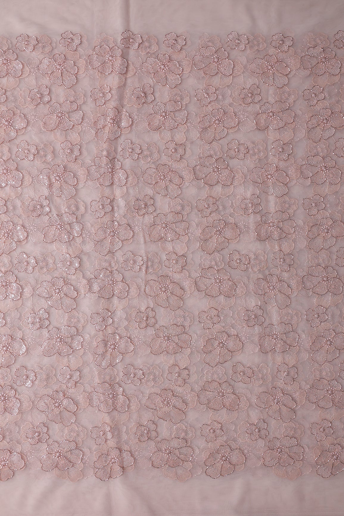 Floral Water Sequins Tone To Tone Embroidery On Peach Soft Net Fabric