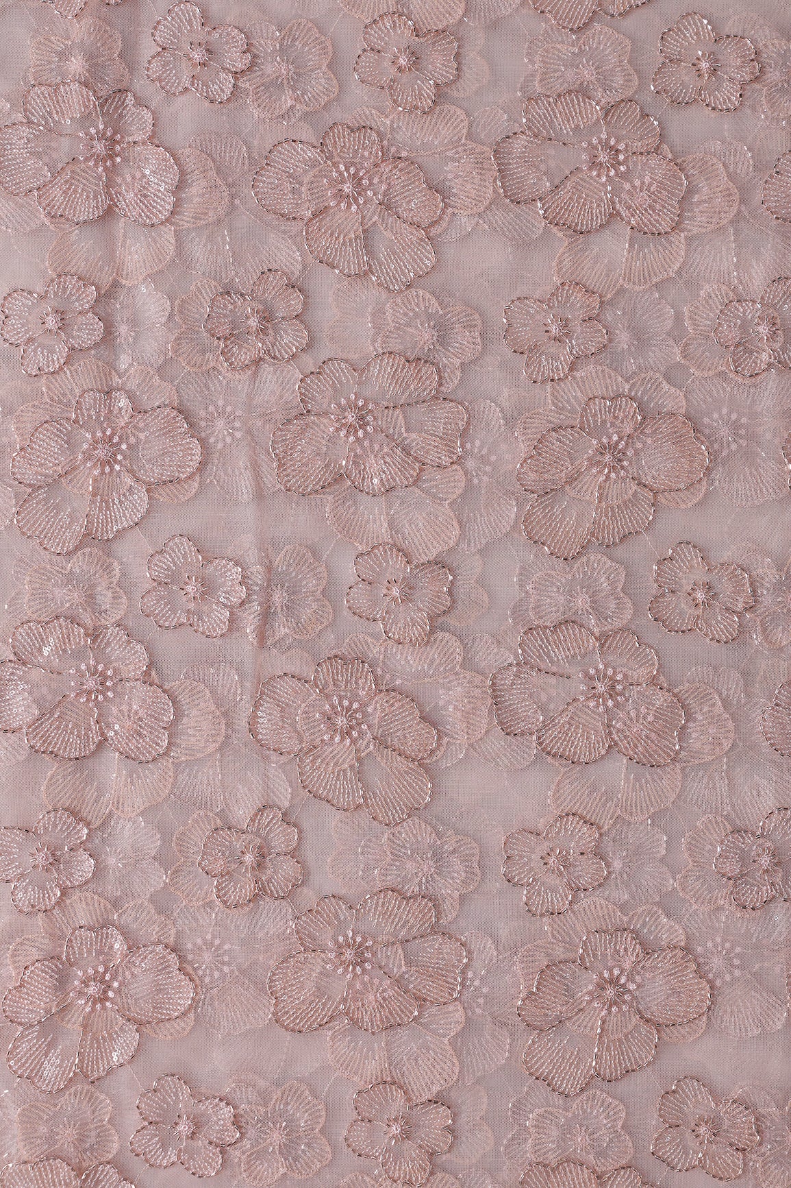 Floral Water Sequins Tone To Tone Embroidery On Peach Soft Net Fabric