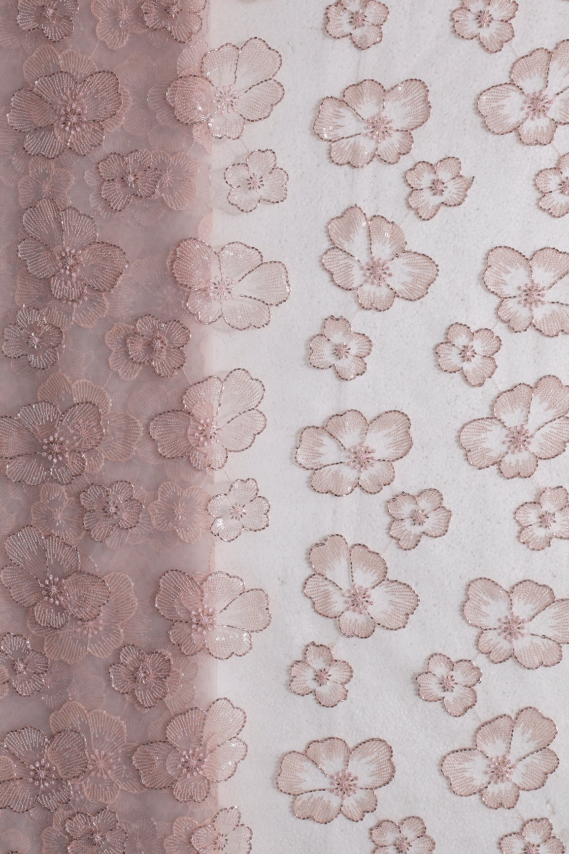 Floral Water Sequins Tone To Tone Embroidery On Peach Soft Net Fabric