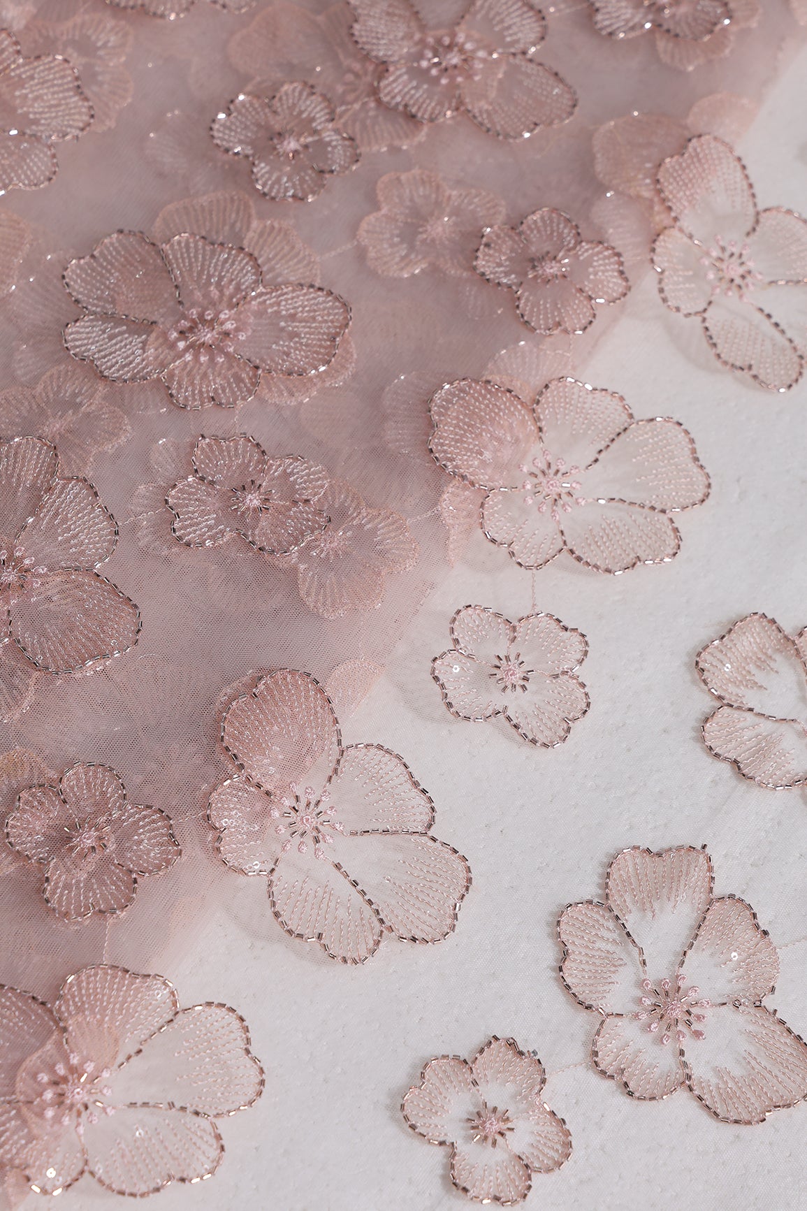 Floral Water Sequins Tone To Tone Embroidery On Peach Soft Net Fabric