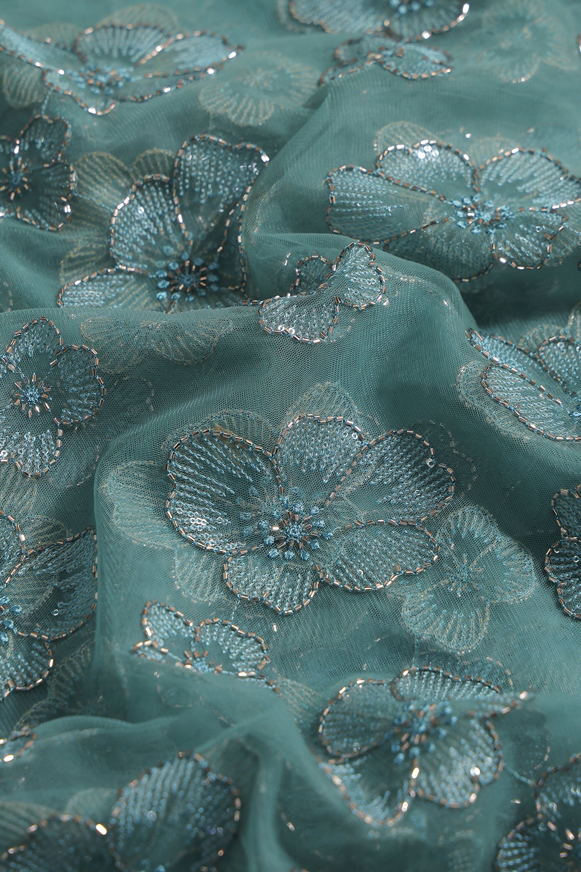 Floral Water Sequins Tone To Tone Embroidery On Teal Soft Net Fabric