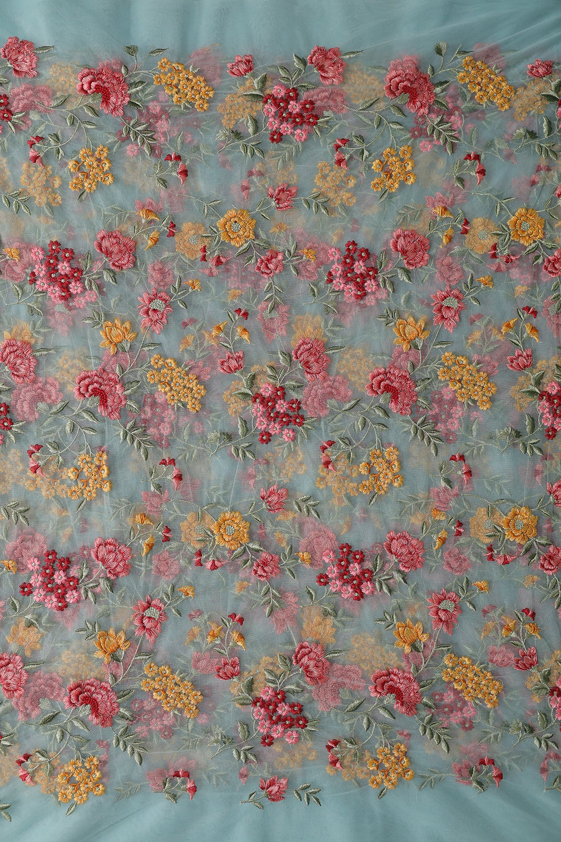 Multi Colour Floral Thread Embroidery Work On Sky Blue Soft Net Fabric