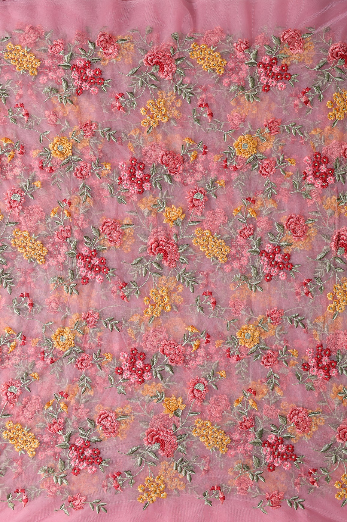 Multi Colour Floral Thread Embroidery Work On Pink Soft Net Fabric