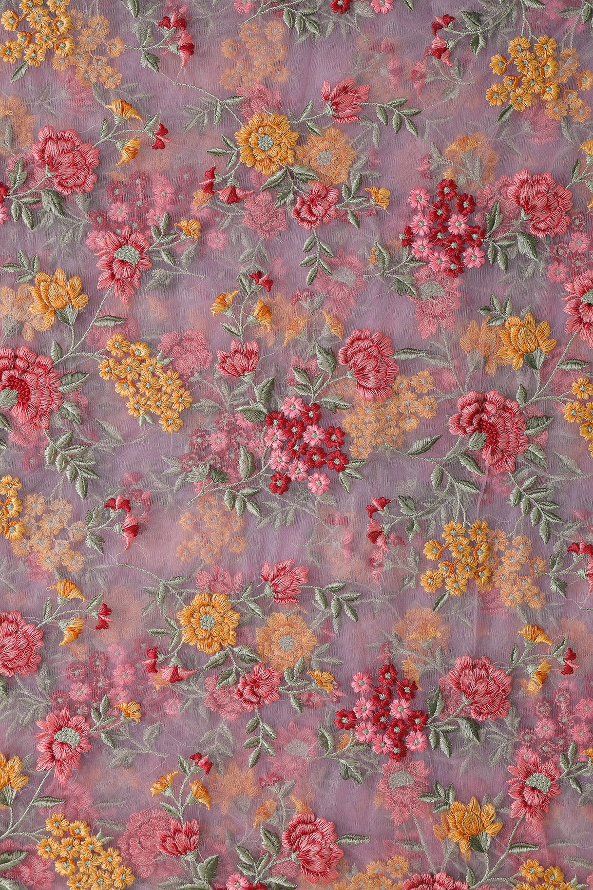 Multi Colour Floral Thread Embroidery Work On Lilac Soft Net Fabric