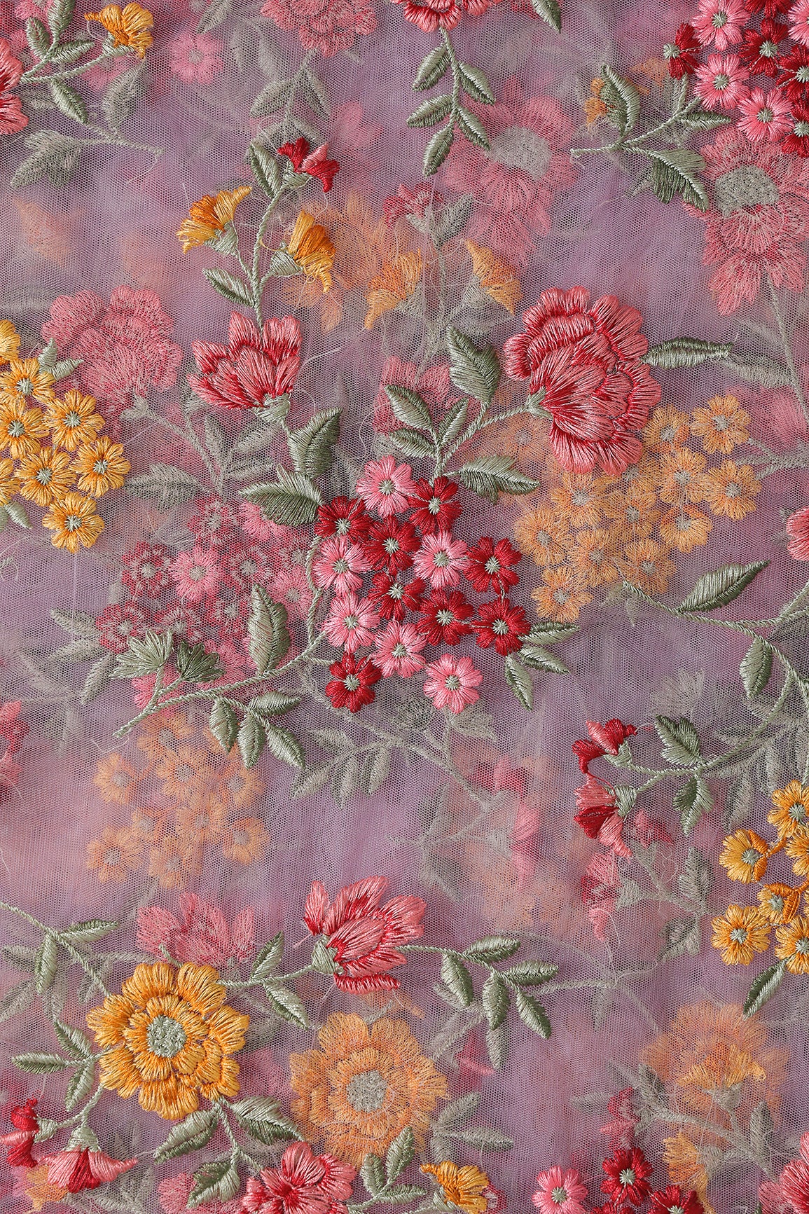 Multi Colour Floral Thread Embroidery Work On Lilac Soft Net Fabric