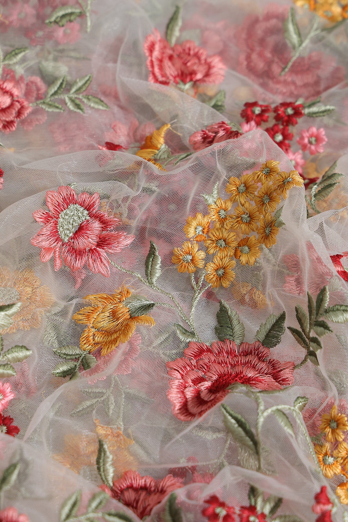Multi Colour Floral Thread Embroidery Work On White Soft Net Fabric