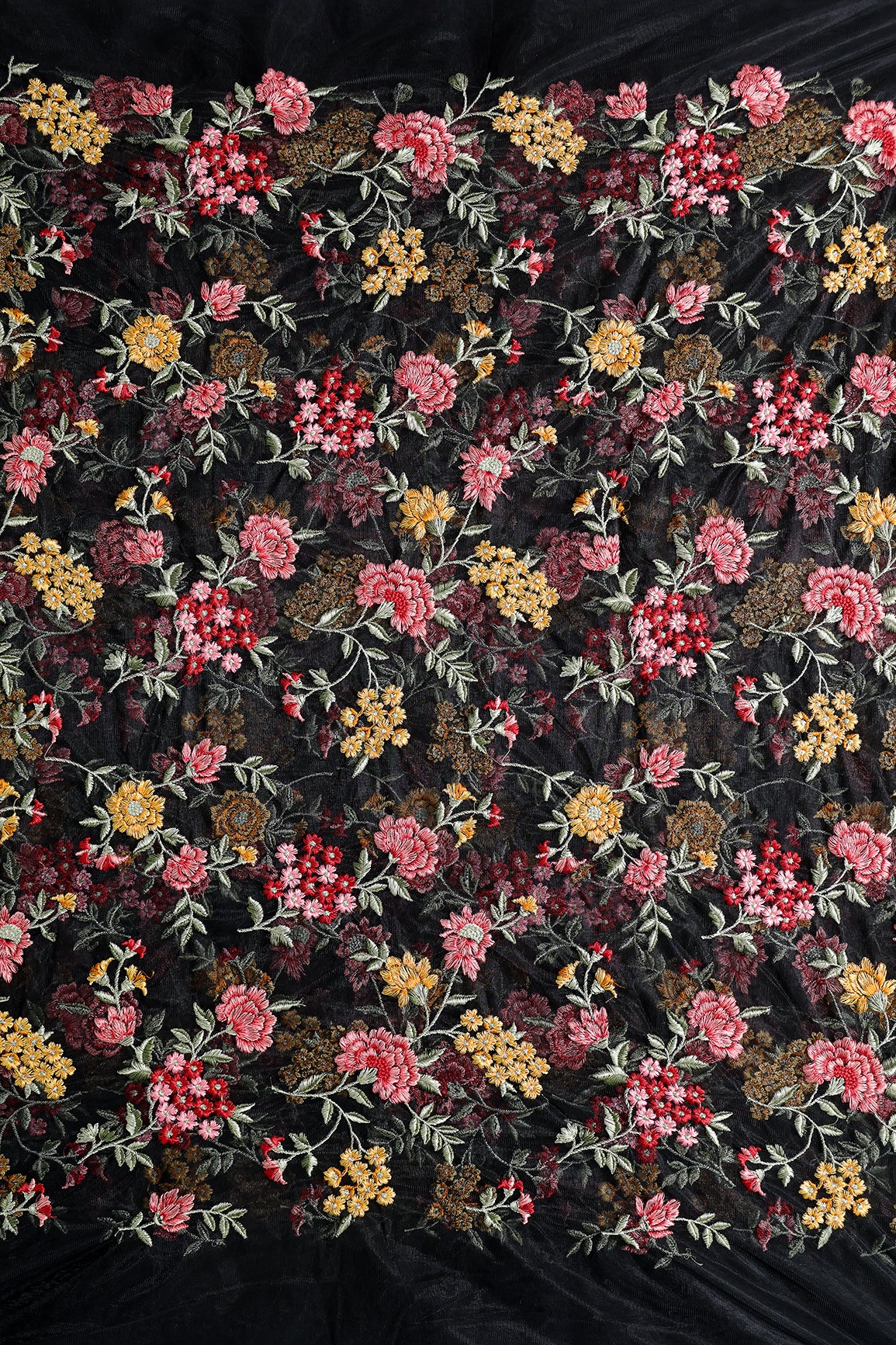 Multi Colour Floral Thread Embroidery Work On Black Soft Net Fabric