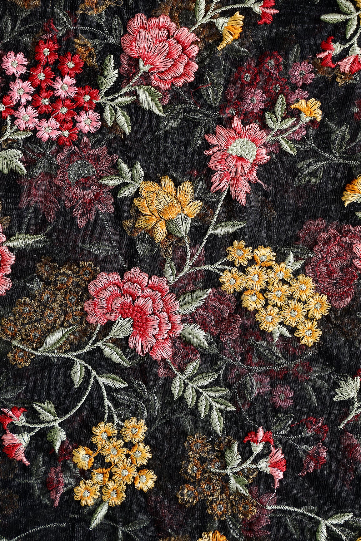 Multi Colour Floral Thread Embroidery Work On Black Soft Net Fabric