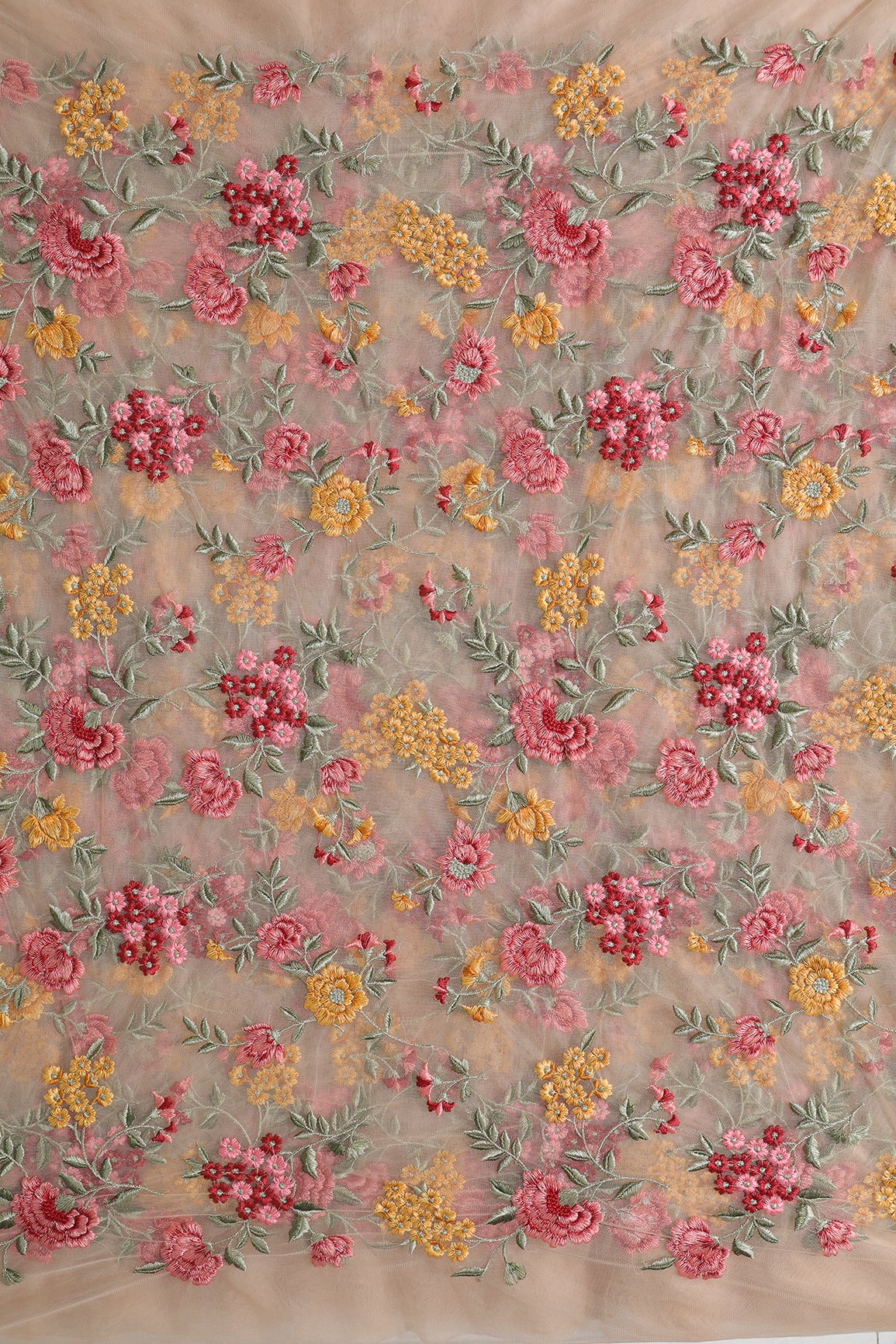 Multi Colour Floral Thread Embroidery Work On Beige Soft Net Fabric