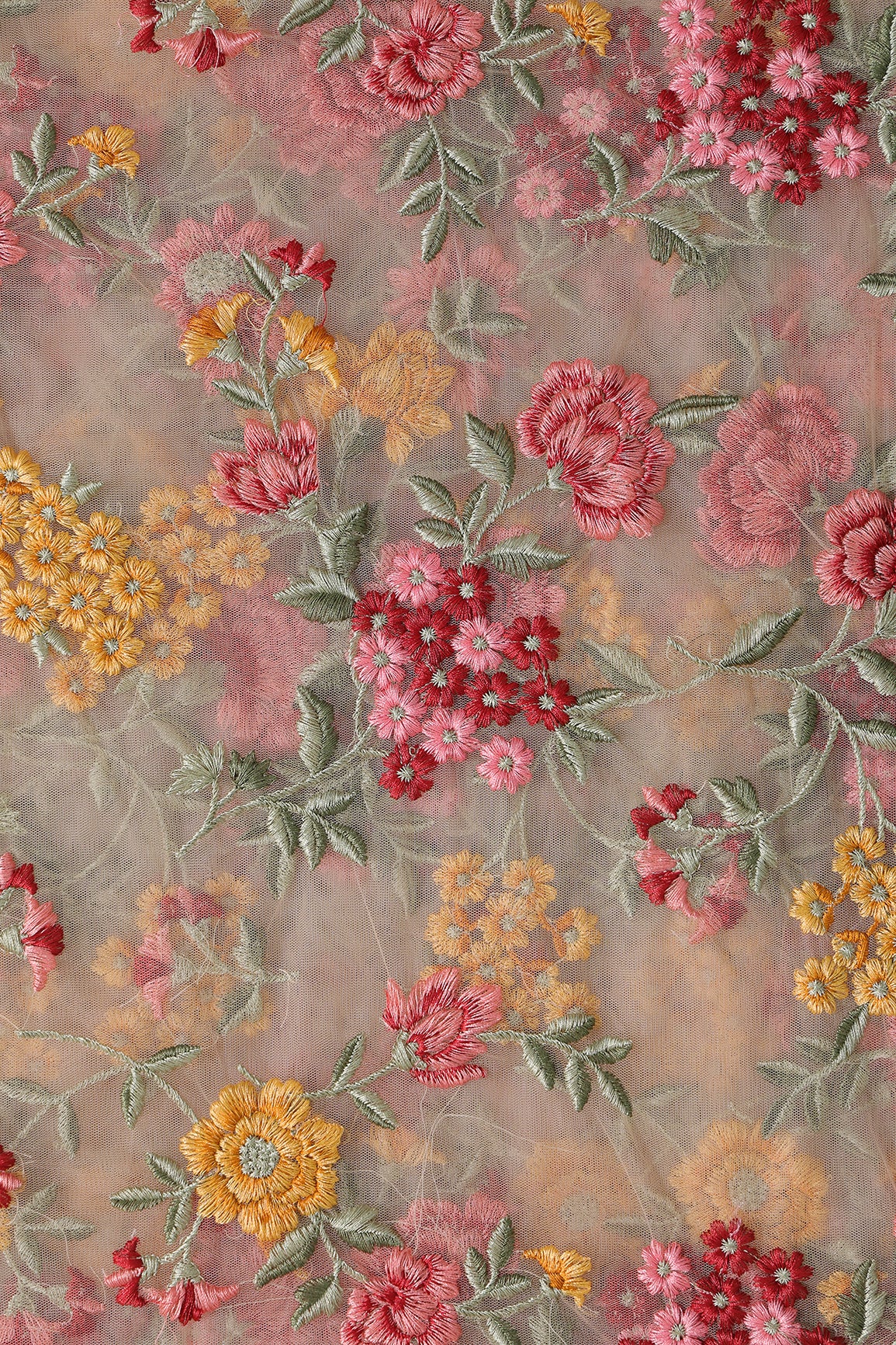 Multi Colour Floral Thread Embroidery Work On Beige Soft Net Fabric
