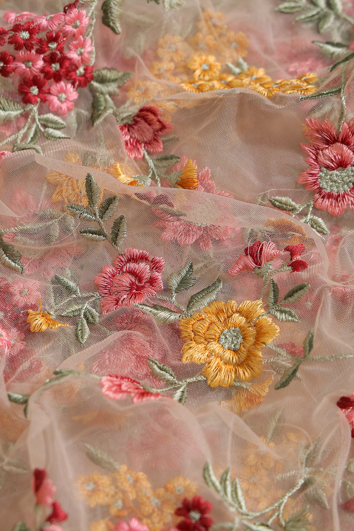 Multi Colour Floral Thread Embroidery Work On Beige Soft Net Fabric