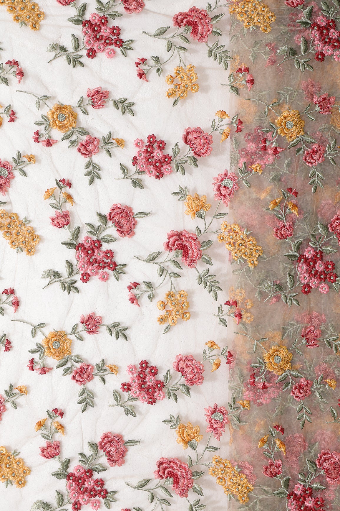 Multi Colour Floral Thread Embroidery Work On Beige Soft Net Fabric