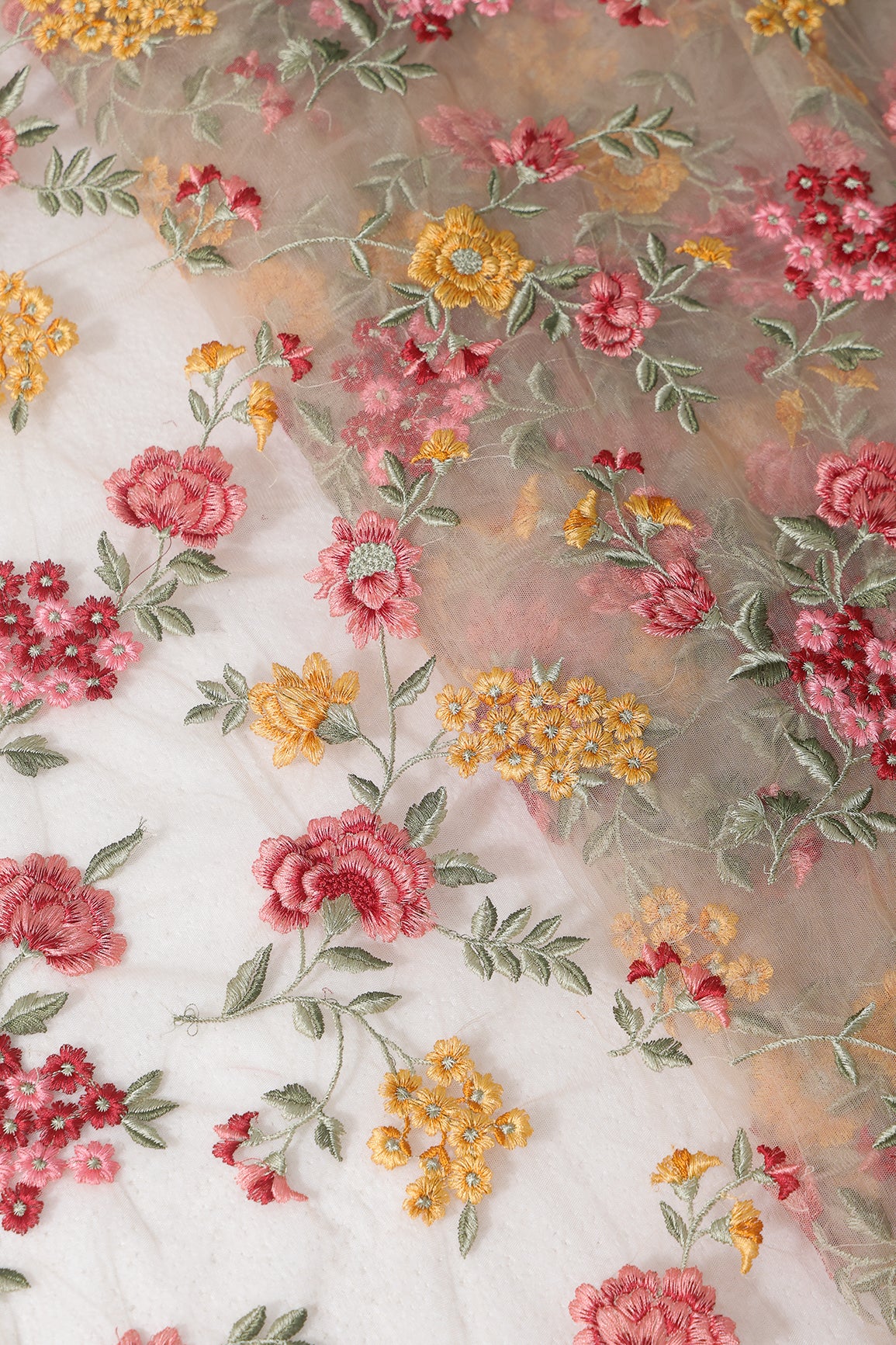 Multi Colour Floral Thread Embroidery Work On Beige Soft Net Fabric