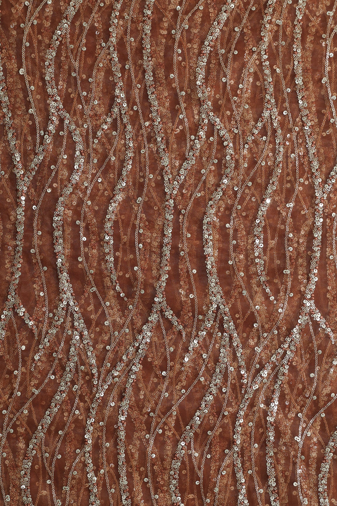 Gold And Silver Sequins With Brown Thread Wavy Embroidery Work On Brown Soft Net Fabric