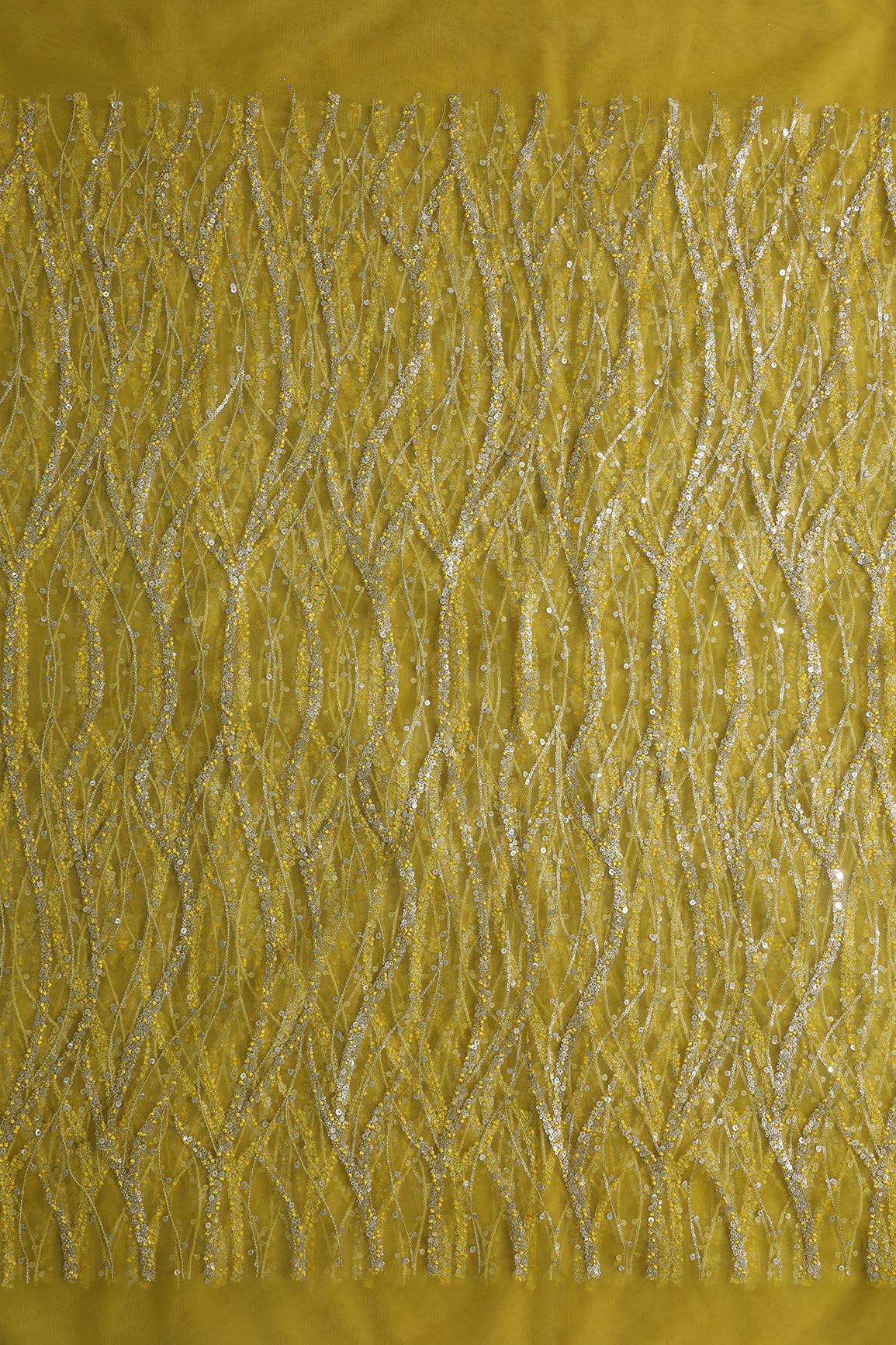 Gold And Silver Sequins With Lemon Yellow Thread Wavy Embroidery Work On Lemon Yellow Soft Net Fabric