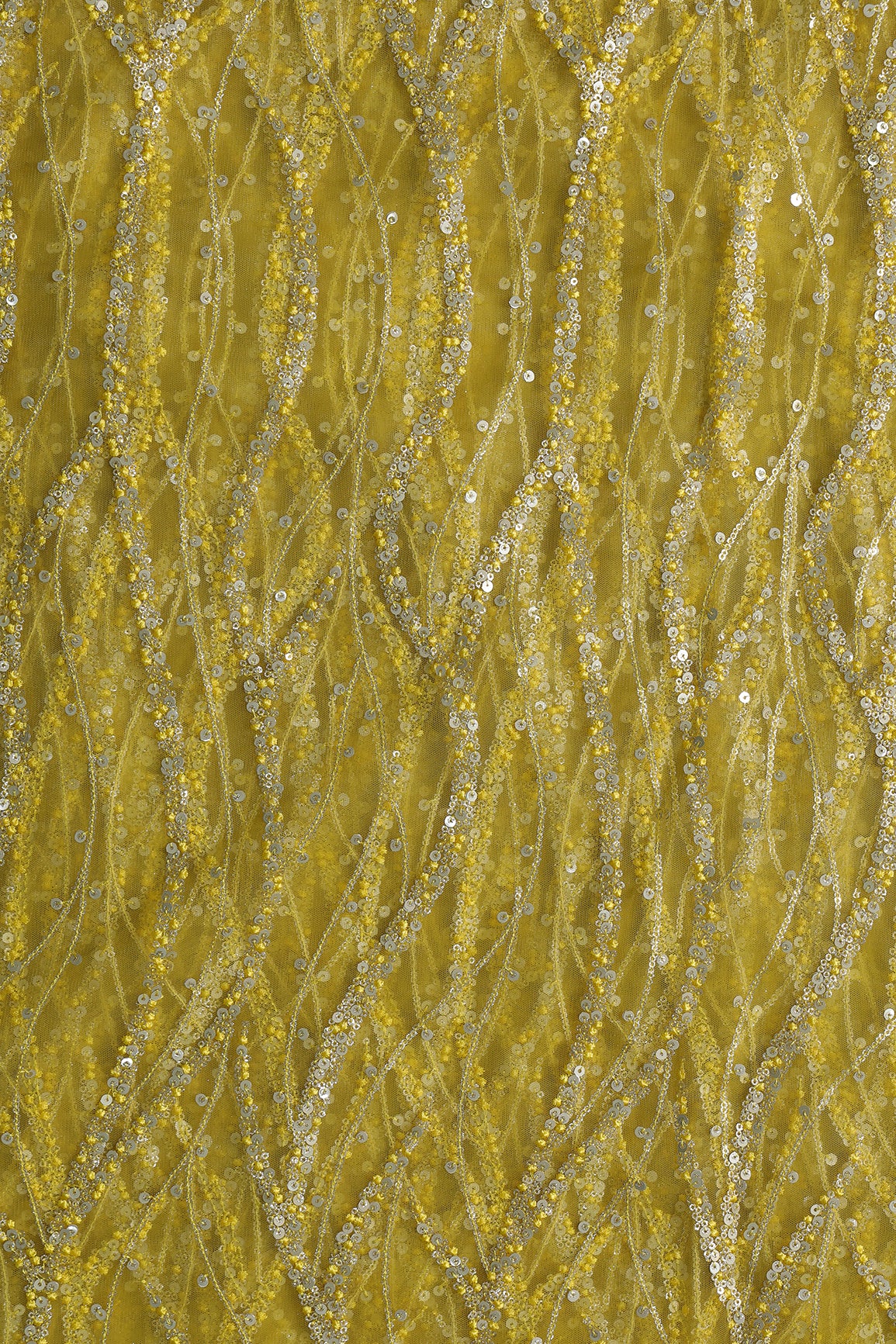 Gold And Silver Sequins With Lemon Yellow Thread Wavy Embroidery Work On Lemon Yellow Soft Net Fabric