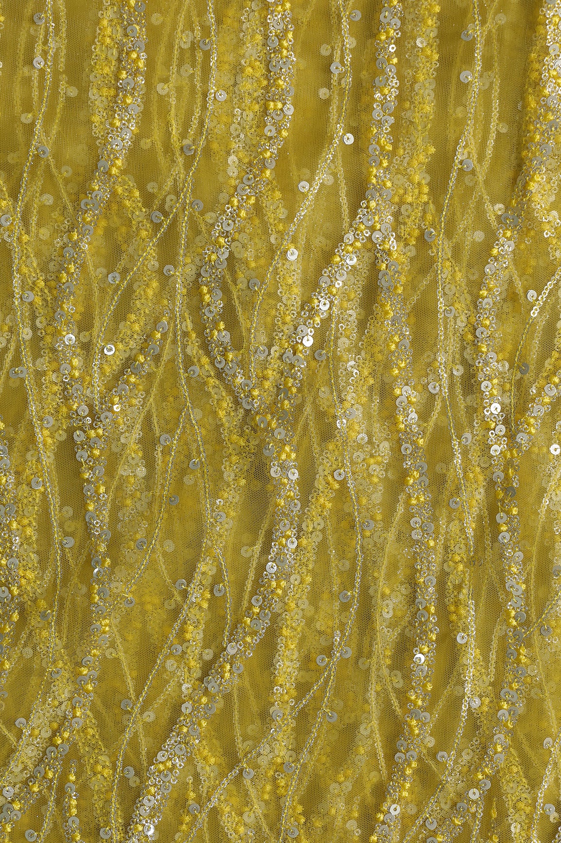 Gold And Silver Sequins With Lemon Yellow Thread Wavy Embroidery Work On Lemon Yellow Soft Net Fabric