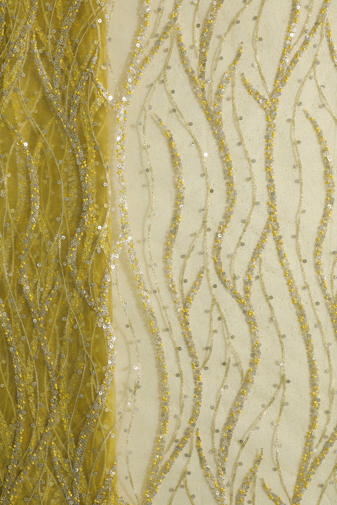 Gold And Silver Sequins With Lemon Yellow Thread Wavy Embroidery Work On Lemon Yellow Soft Net Fabric