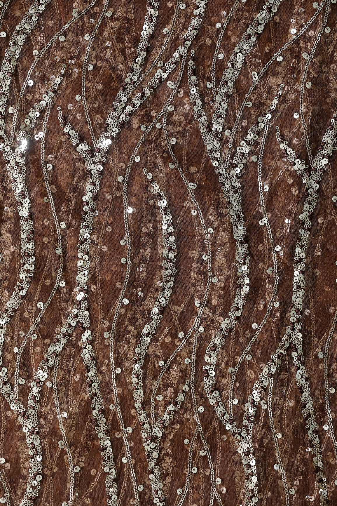 Gold And Silver Sequins With Coffee Thread Wavy Embroidery Work On Coffee Soft Net Fabric