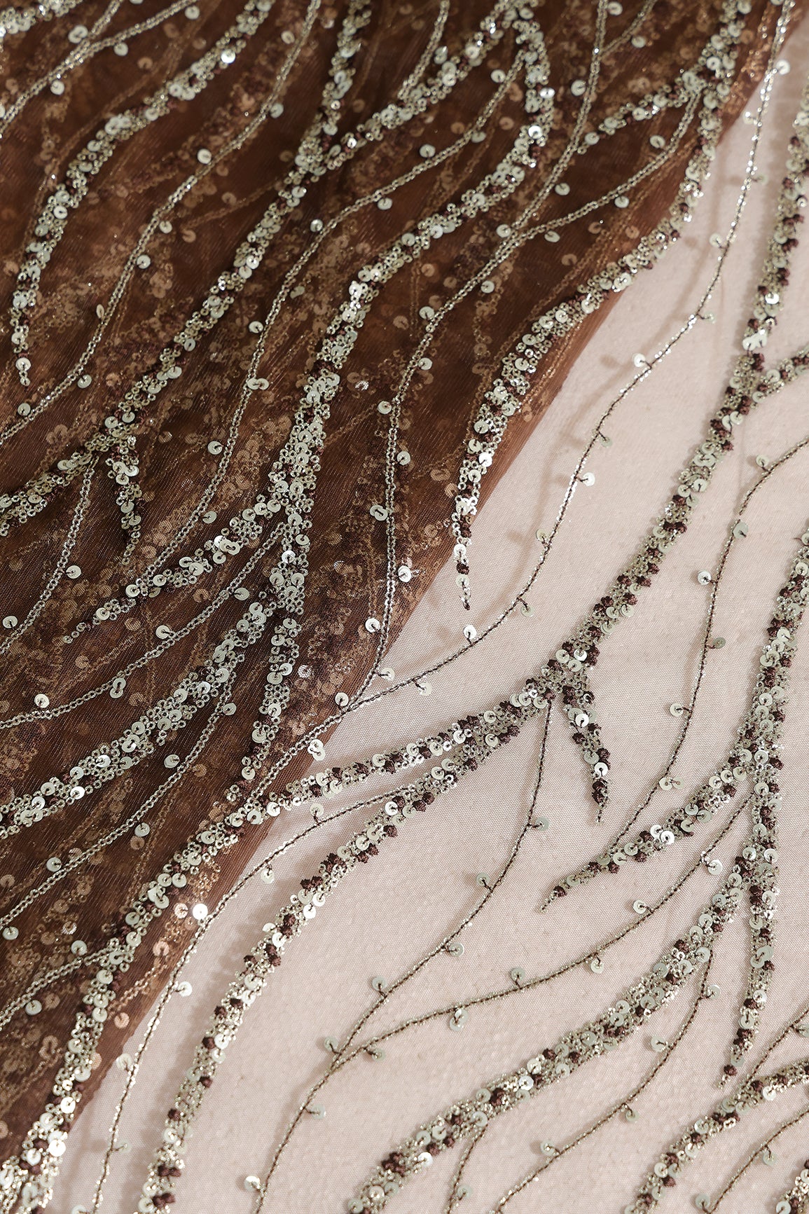 Gold And Silver Sequins With Coffee Thread Wavy Embroidery Work On Coffee Soft Net Fabric
