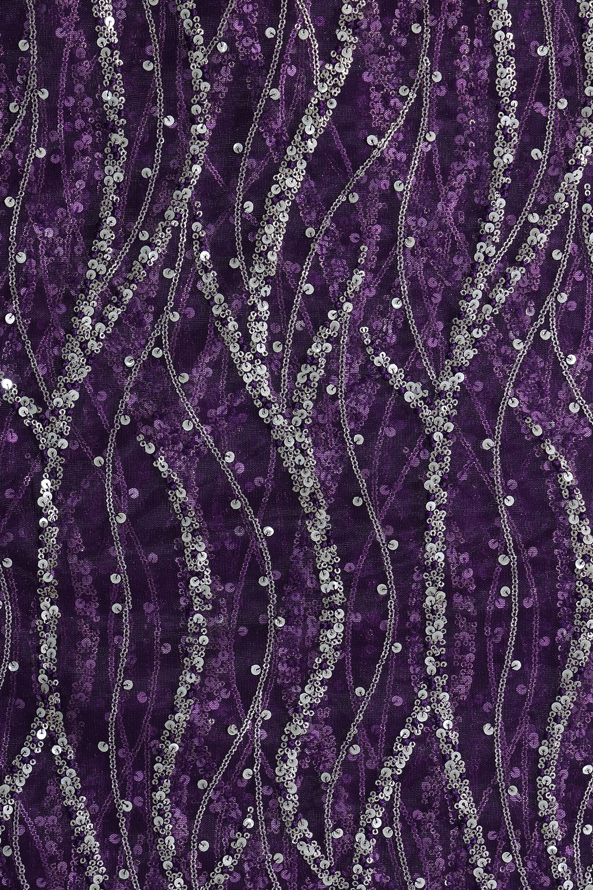 Gold And Silver Sequins With Purple Thread Wavy Embroidery Work On Purple Soft Net Fabric