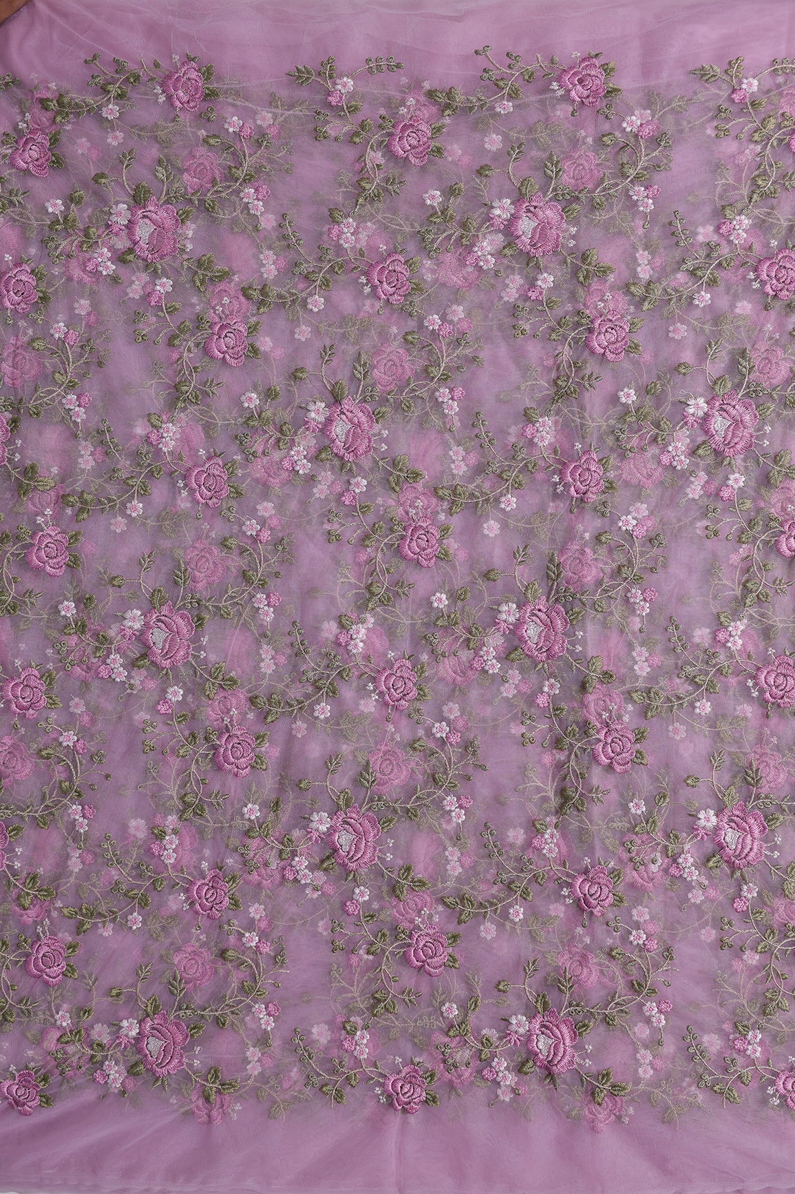 Multi Colour Floral Thread Embroidery Work On Lilac Soft Net Fabric